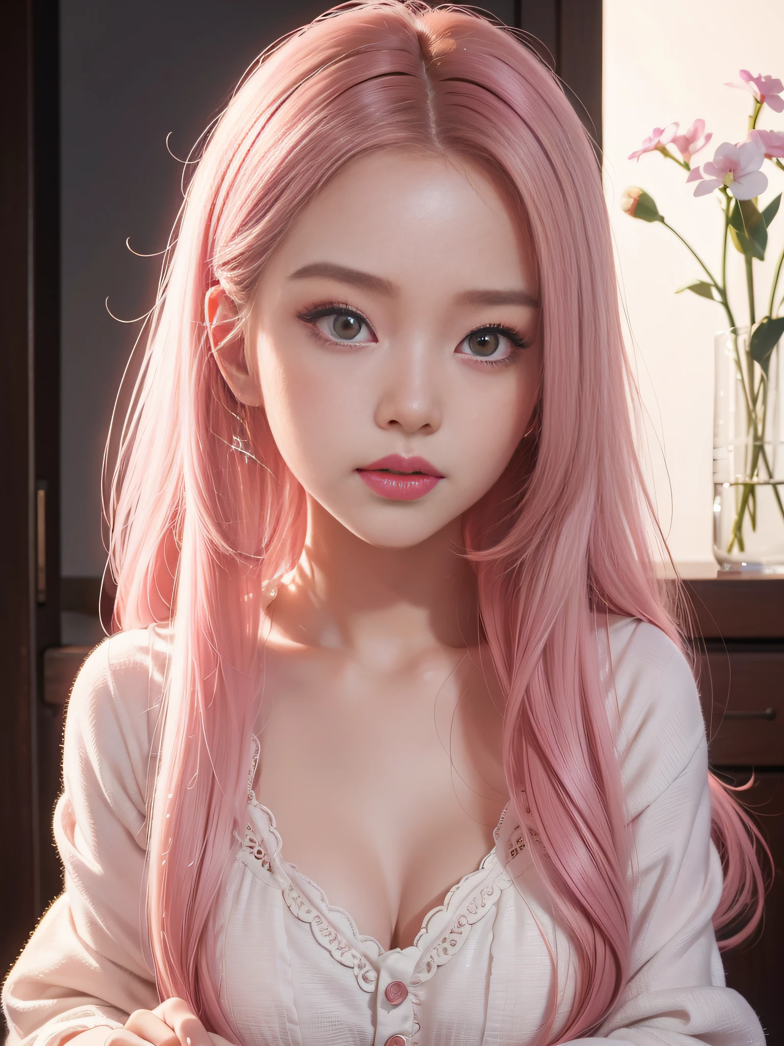 Long Light Hair，Close up to the face，Chinese big eyes girl with lipstick on her lips, Realistic scene style, Light pink and light maroon, I can't believe how beautiful this is, pixar-style,  pixar-style, pixar-style, pixar-style,Light white and dark pink, cartoon character