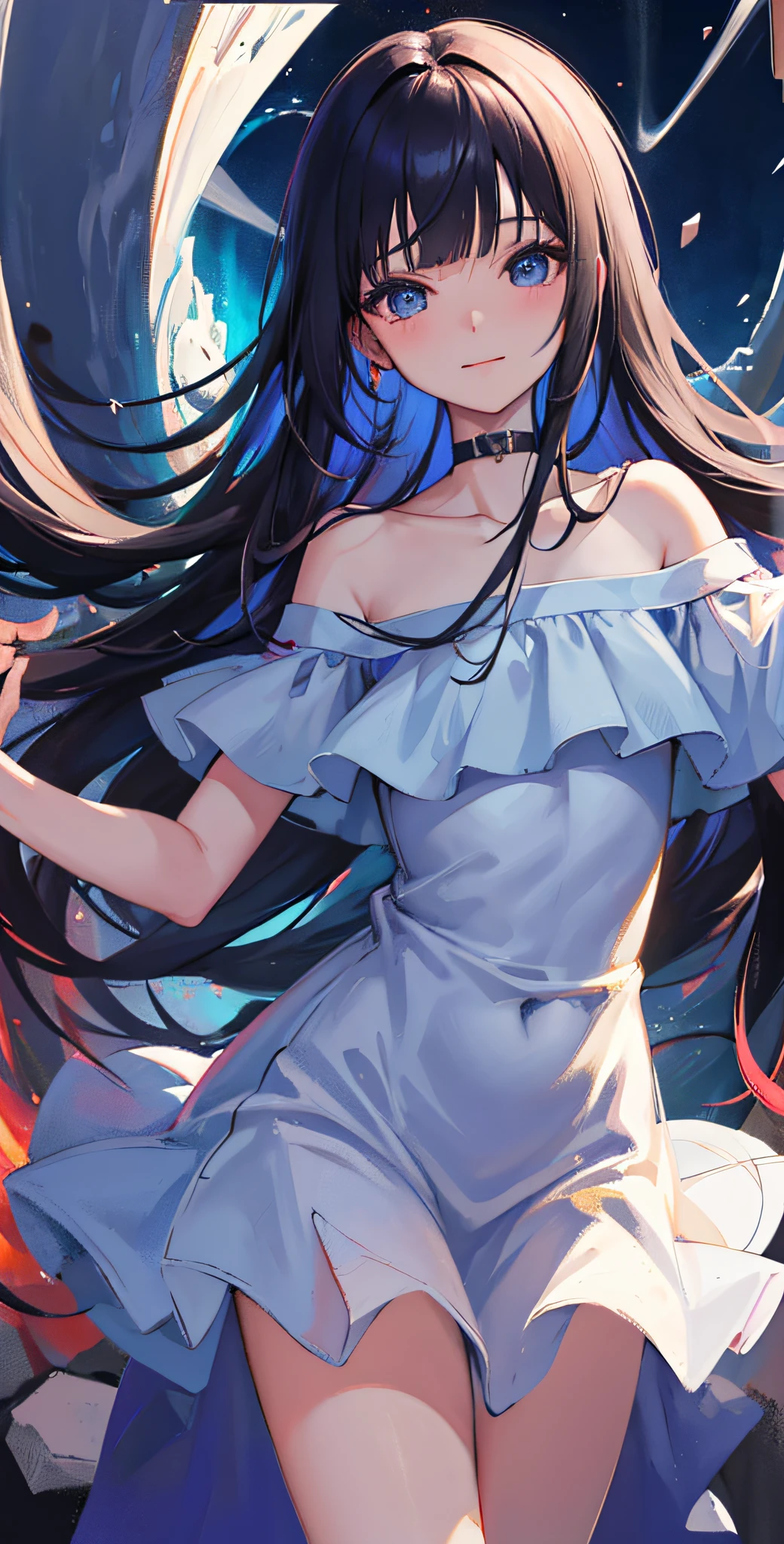 shizuka mogami (million live), (best quality, 8K, masterpiece, ultra detailed:1.2), detailed gabkround, 1girl,solo,collarbone,black hair, long hair, blue eyes, blunt bangs, sidelocks, hime cut, blunt ends, beautiful illustration, cute petit girl, (transform sequence), transform magical girl, chibi, white magical girl, fractal art, albino, babyface, cinematic lighting, cowboy shot, looking at viewer, from bottom, happy,cyberpunk style, rainbow twisting wave, flowing smoke wave,