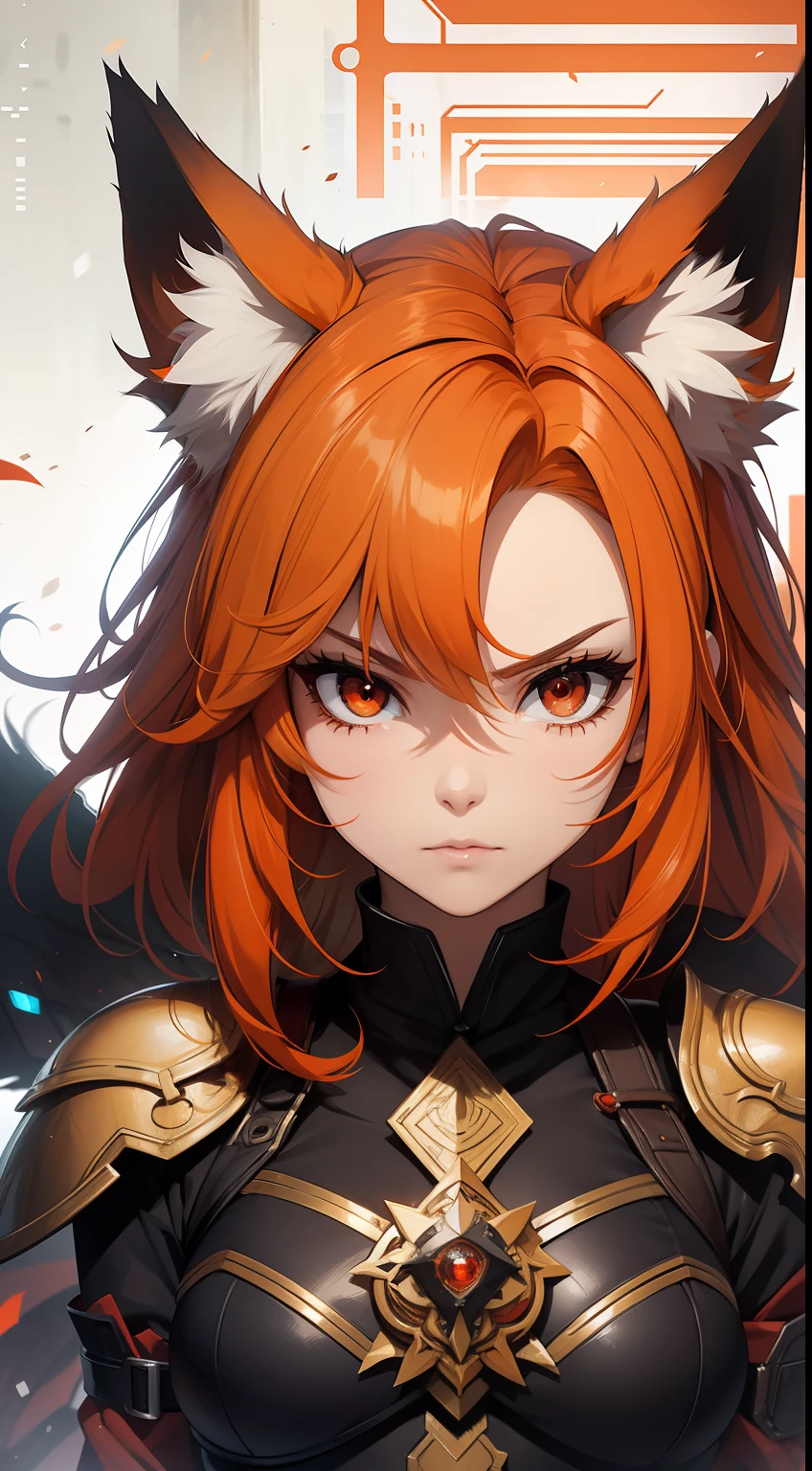 Adult woman, llong orange hair, Fox ears, red-eyes, Tight Korean armor, anger, Masterpiece, hiquality