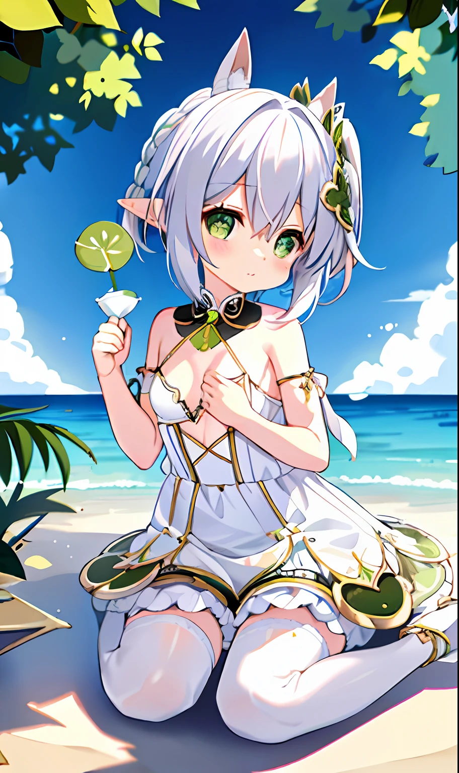 (white backgrounid:1.4),(tchibi:1.2),
tmasterpiece,Best quality,
独奏,((Extremely delicate and beautiful girl)),(full bodyesbian:1.2),elvish ears,hair adornments,Broken hair,short detailed hair,Light green eyes,medium boob,white dresses,Silver
stand,(Ruffles),(white_thighhighs),Hold the,Keep one's mouth shut,
fanciful, (Surrounded by waves), Nahida, nakeness, fullnude