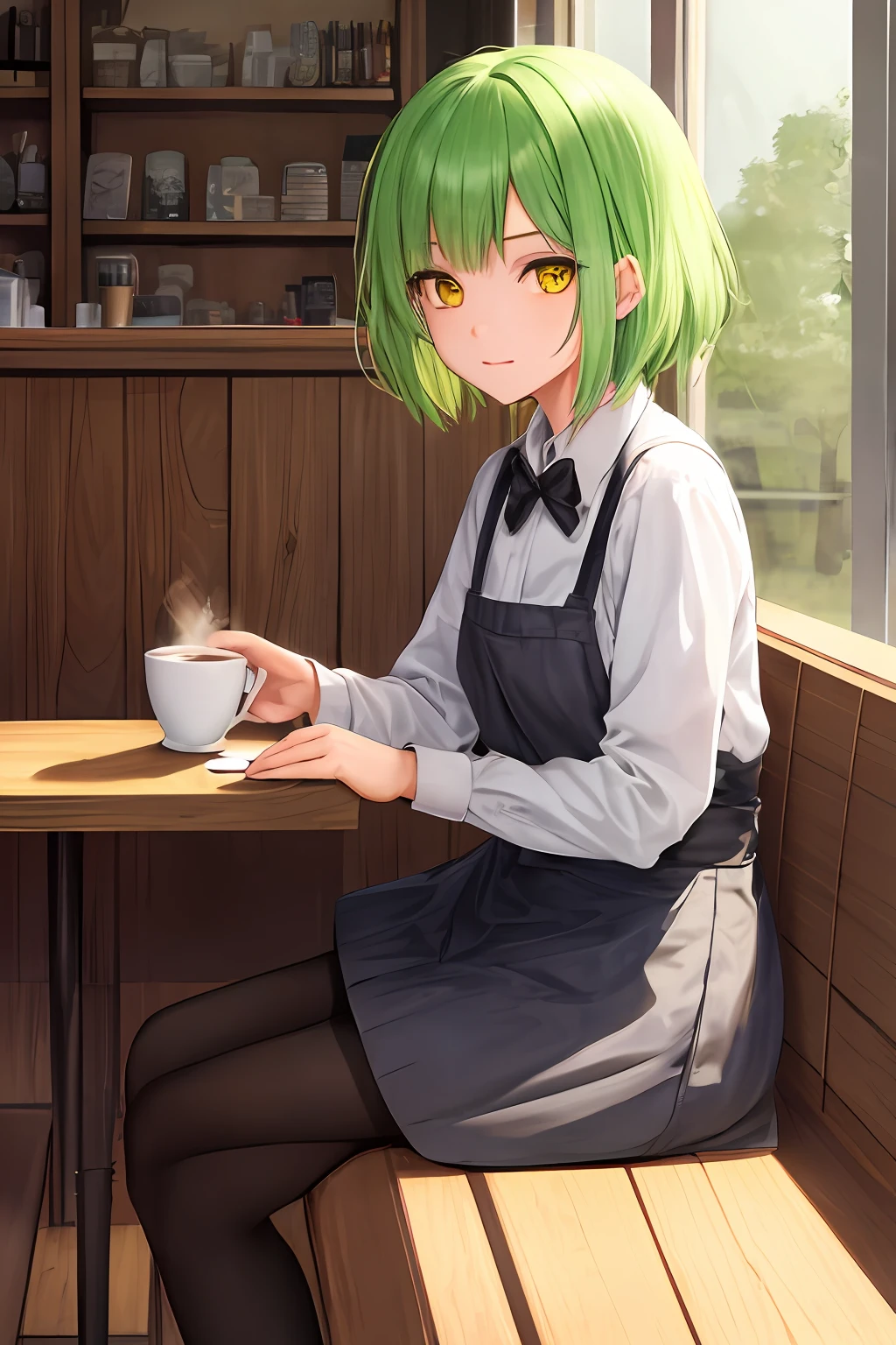 1girl, bright green hair, short hair, princess chlotes, yellow eyes, in cafe, drinking coffee, masterpiece, best illustration, best manga