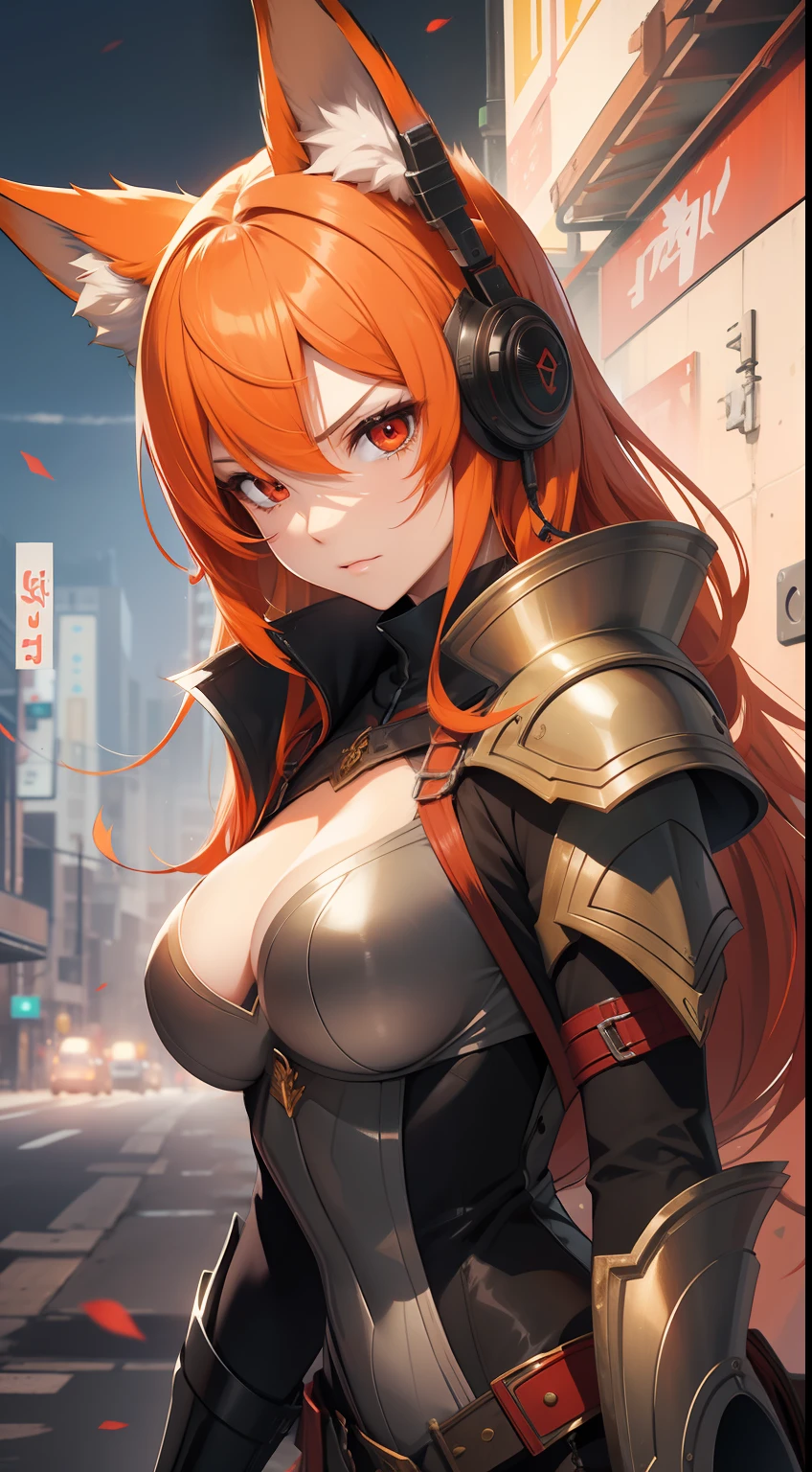 Adult woman, llong orange hair, Fox ears, red-eyes, Tight Korean armor, anger, Masterpiece, hiquality