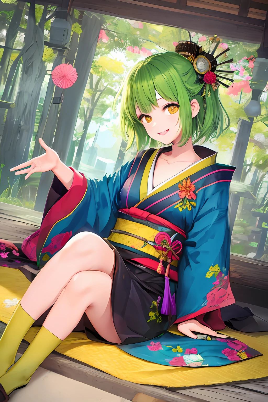 1girl, bright green hair, short hair, wearing kimono, yellow eyes, smile, cute, masterpiece, best illustration, best manga