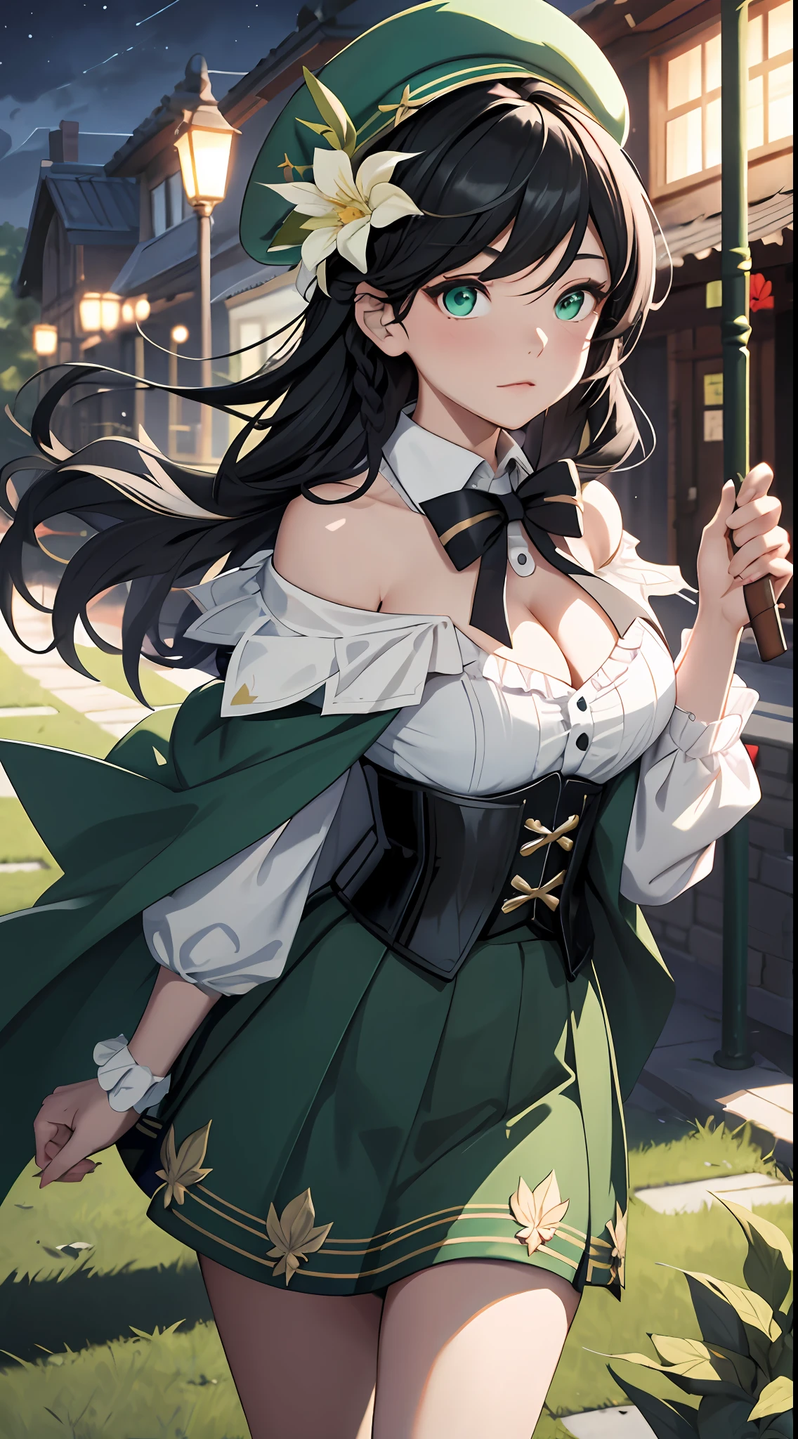 Masterpiece, Best quality,(Night:1.6),1boy, Kizi,Large breasts,(cleavage:1.2),Off-the-shoulder attire,(Superskirt),Venti (Genshin Impact), Solo, green headwear, Hat, flower, Long sleeves, Braid, frilled sleeves, lyre, collared cape, Double up braid, beret, shirt, bobbed long hair, flor branca, leafs, Gradient hair, Black hair, bangs, White shirt, frilld, Corset, Green eyes, Collared shirt, musical note, Holding, Outdoors, view the viewer,(kbxll:0.6)