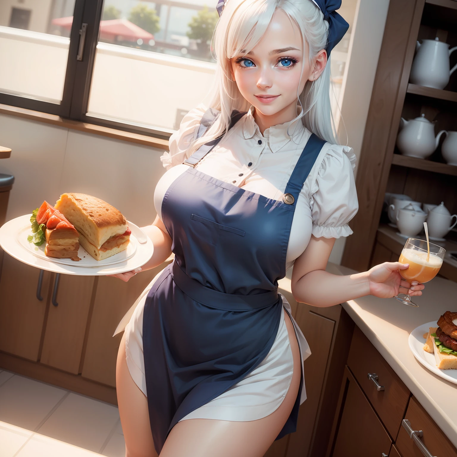 Girl works, cafeteria, big breasts, blue eyes, white hair, sweet smile, apron ,Cartoon, cafe, two hands and five fingers