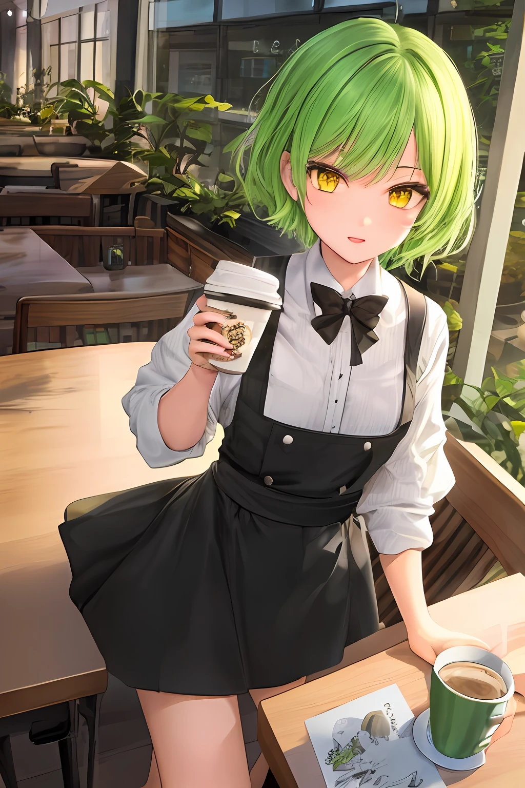 1girl, bright green hair, short hair, princess chlotes, yellow eyes, in cafe, drinking coffee, masterpiece, best illustration, best manga, one wing on right