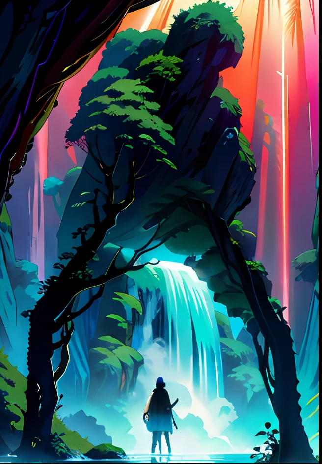 Chinese ancient times, spring, jungle, lake, cave, waterfall, tree, meadow, rock, deer, hot spring, water vapor, 1 girl looking at the scene, (illustration: 1.0), epic composition, realistic lighting,Detailed,Realistic,4k highly detailed digital art,octane render, bioluminescent, BREAK 8K resolution concept art, realism,by Mappa studios,masterpiece,best quality,official art,illustration,ligne claire,(cool_color),vibrant color,perfect composition,absurdres, fantasy,focused,rule of thirds,