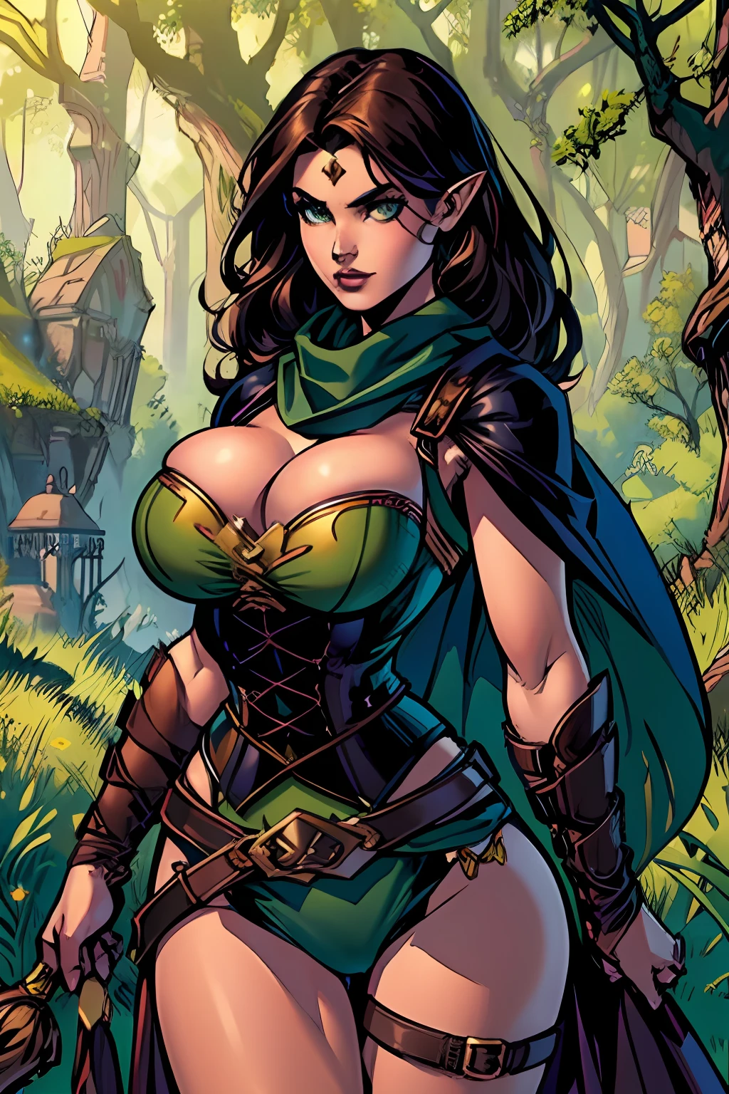 (masterpiece, top quality, best quality, official art, beautiful and aesthetic:1.2), (1girl:1.3), dark brown hair in a single braid, extremely detailed, portrait, looking at viewer, solo, (full body:0.6), detailed background, close up, cat eyes, (warm summer forest theme:1.1), elf ranger, charlatan, smirk, mysterious, walking in forest, revealing ranger attire, brown leather, cowl, cloak, corset, long boots, buckles, straps, pouches, bow and arrow, green fabric, brown leather, gigantic breasts, slim waist, slim hips, long legs, medieval (forest exterior:1.1) background, dark mysterious lighting, shadows, magical atmosphere, dutch angle