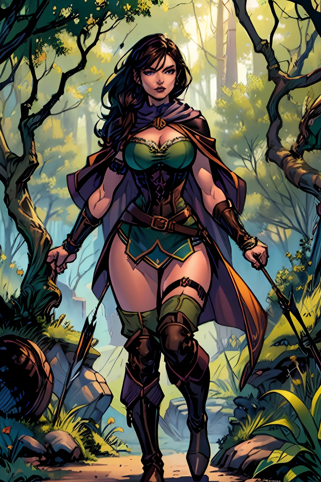 (masterpiece, top quality, best quality, official art, beautiful and aesthetic:1.2), (1girl:1.3), dark brown hair in a single braid, extremely detailed, portrait, looking at viewer, solo, (full body:0.6), detailed background, close up, cat eyes, (warm summer forest theme:1.1), elf ranger, charlatan, smirk, mysterious, walking in forest, revealing ranger attire, brown leather, cowl, cloak, corset, long boots, buckles, straps, pouches, bow and arrow, green fabric, brown leather, gigantic breasts, slim waist, slim hips, long legs, medieval (forest exterior:1.1) background, dark mysterious lighting, shadows, magical atmosphere, dutch angle
