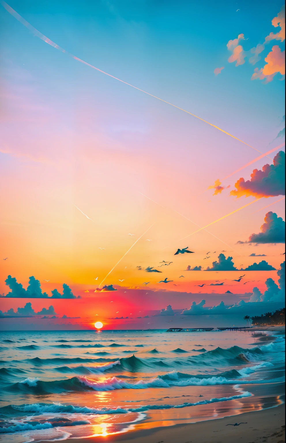 An absolutely mesmerizing sunset on the beach, with a mix of orange, pink, and yellow in the sky. The water is crystal clear, gently kisses the coast, and the white sand is endless. The scene is dynamic and breathtaking, with seagulls soaring high in the sky and palm trees swaying softly. Immerse yourself in the calm atmosphere and let the serenity surround you.