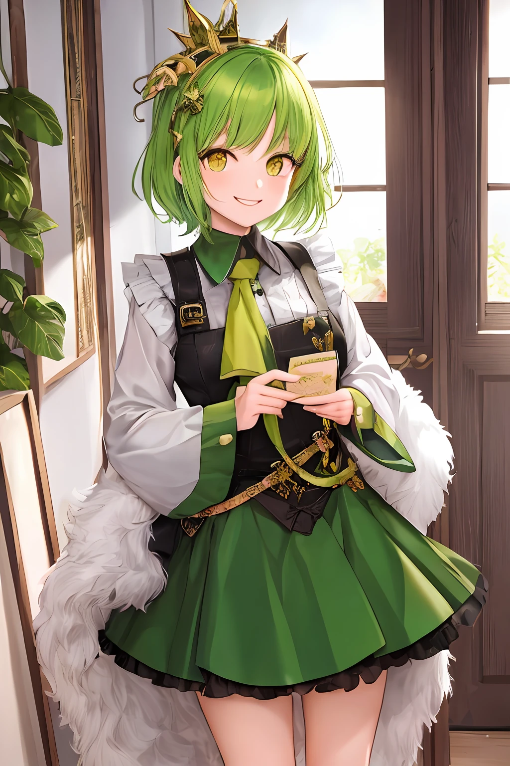 1girl, bright green hair, short hair, princess, yellow eyes, smile, cute, masterpiece, best illustration, best manga, human with green tail, 1 wing on right