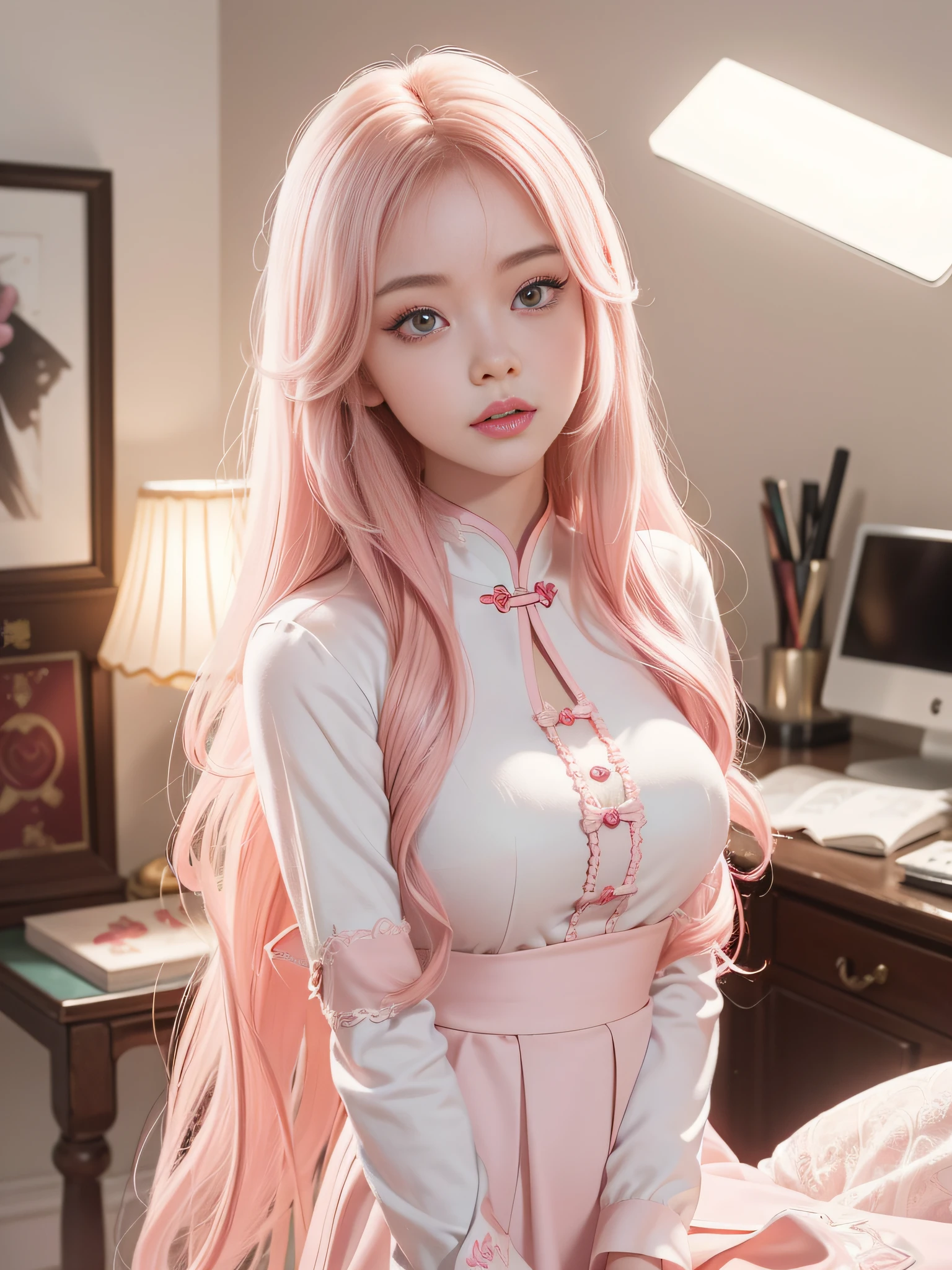 Long Light Hair,Close to face,Chinese big eyes girl with lipstick on her lips, Realistic scene style, Light pink and light maroon, Skin is white and smooth,I can't believe how beautiful this is, pixar-style, pixar-style, pixar-style, pixar-style,Light white and dark pink, cartoon character