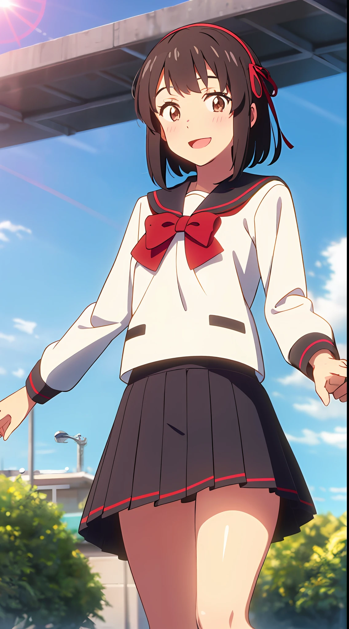 shinkai makoto, kimi no na wa., 1girl, bangs, black hair, blush, brown eyes, sky, cloud, sailor collar, red sailor collar, sailor color, red sailor color, serafuku, looking at the viewer, outdoors, headband, red headband, ribbon, red ribbon, bow, red bow, school uniform, short hair, solo, shirt, white shirt, skirt, red skirt, pleated skirt, long sleeves, smile, happy, open mouth, lens_flare, afternoon hangout