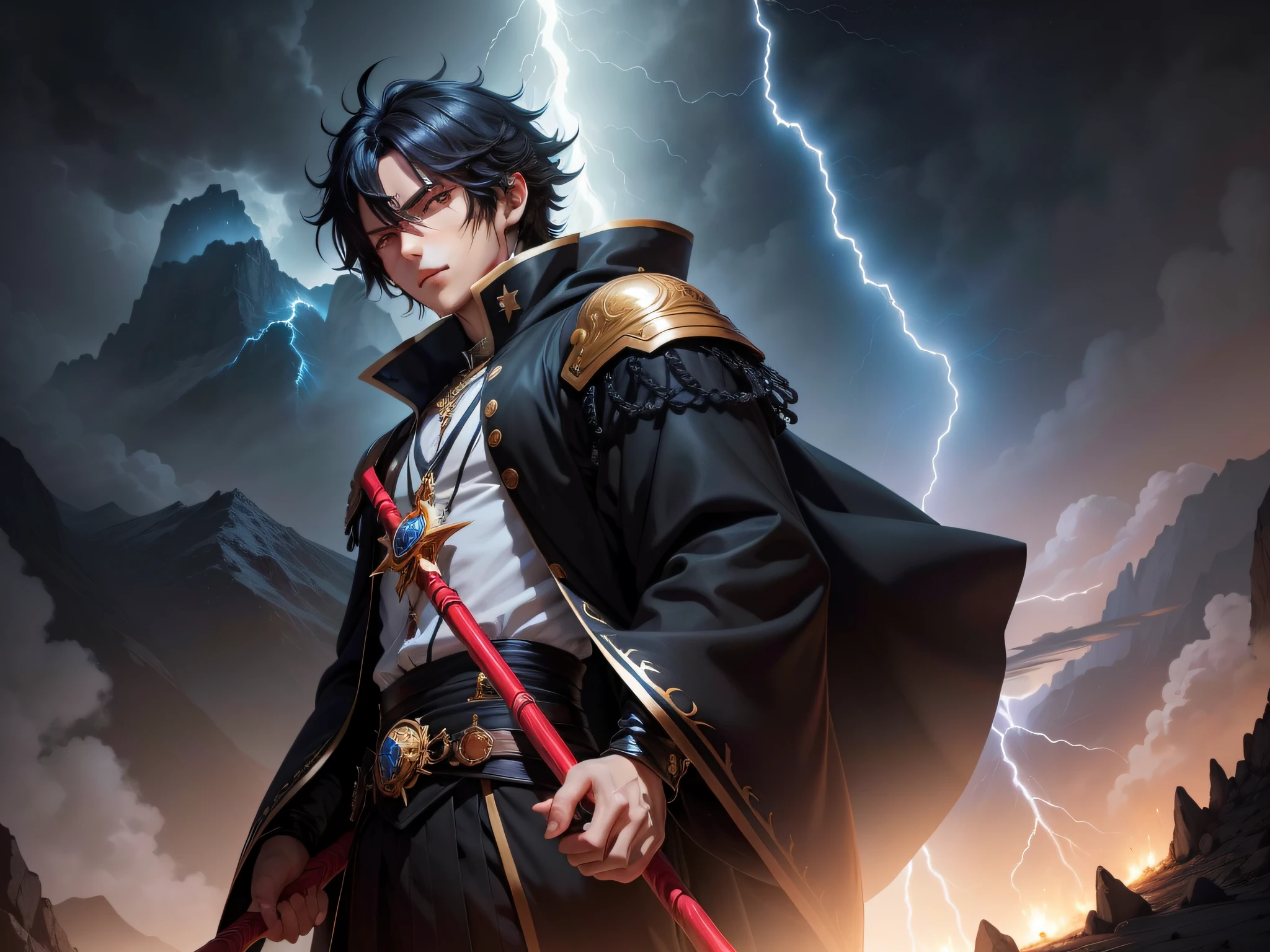 （tmasterpiece，best qualtiy），The is very detailed，Colorful anime males，Thick black hair，Bright eyes，short detailed hair，Black robe，Above the top of the mountain，Diffuse mana，Lightning strikes the sky，holding a staff。