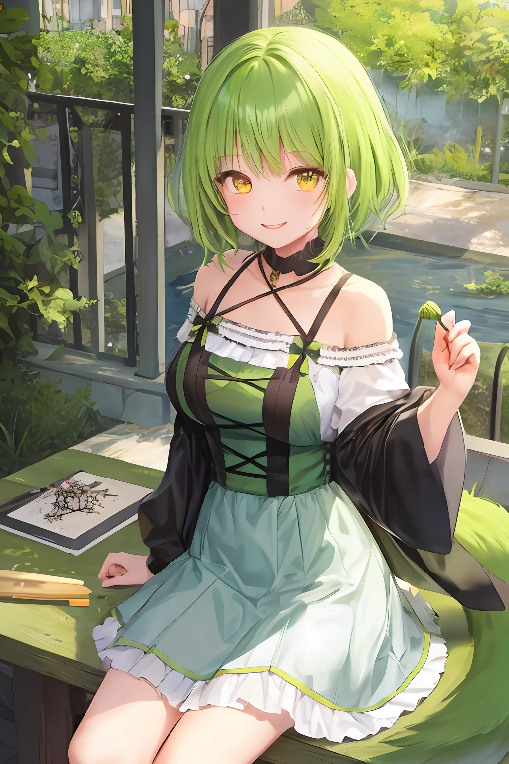 1girl, bright green hair, short hair, princess, yellow eyes, smile, cute, masterpiece, best illustration, best manga, tail