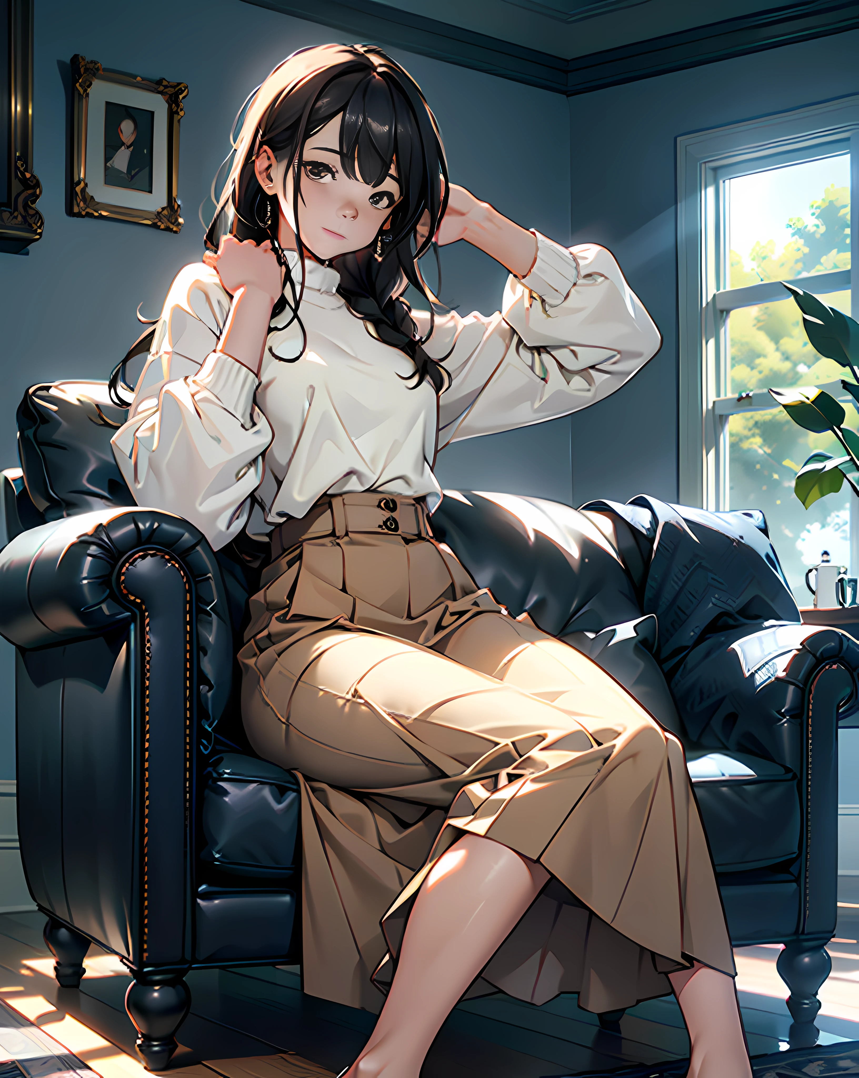 absurderes、hight resolution、ultra-detailliert)、(the Extremely Detailed CG Unity 8K Wallpapers、Beautifully Aesthetic:1.2)、(1girl in:1.3)、Lady、独奏、The upper part of the body、rcasual、It features a simple、Natural Fabric、Sit up、knit、white shirt、Brownish、If you have a photo、Hold in hand、Plain clothe、a room、sit on sofa、Mystical lighting、Ethereal Atmosphere、dressed casually, Sweaters, tortoise、closed clothes、natural soft light、darker shadows、Living Loo、Long skirt with lace、pulling the hands up、an legs、
