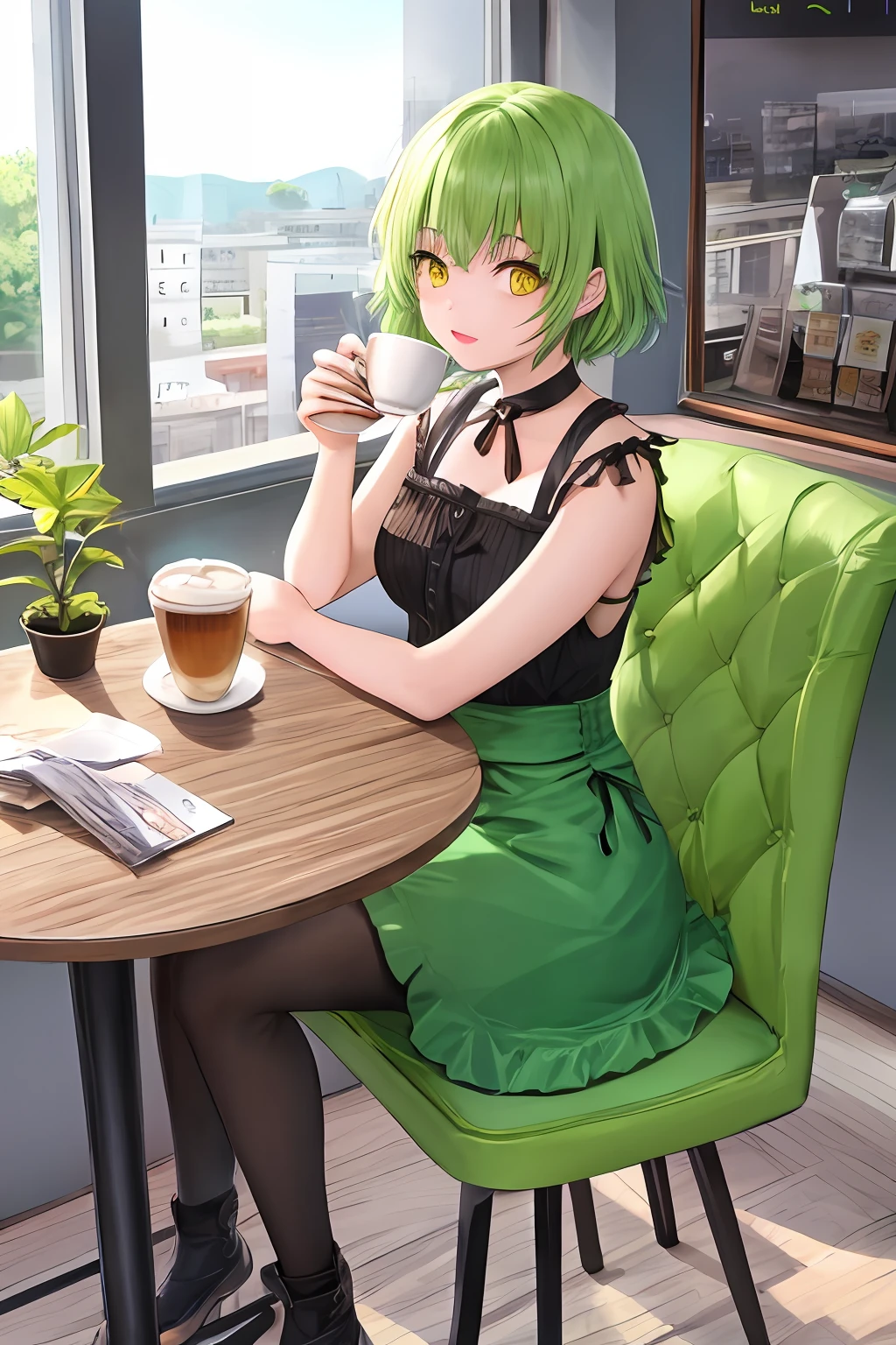 1girl, bright green hair, short hair, princess chlotes, yellow eyes, in cafe, drinking coffee, masterpiece, best illustration, best manga, green tail