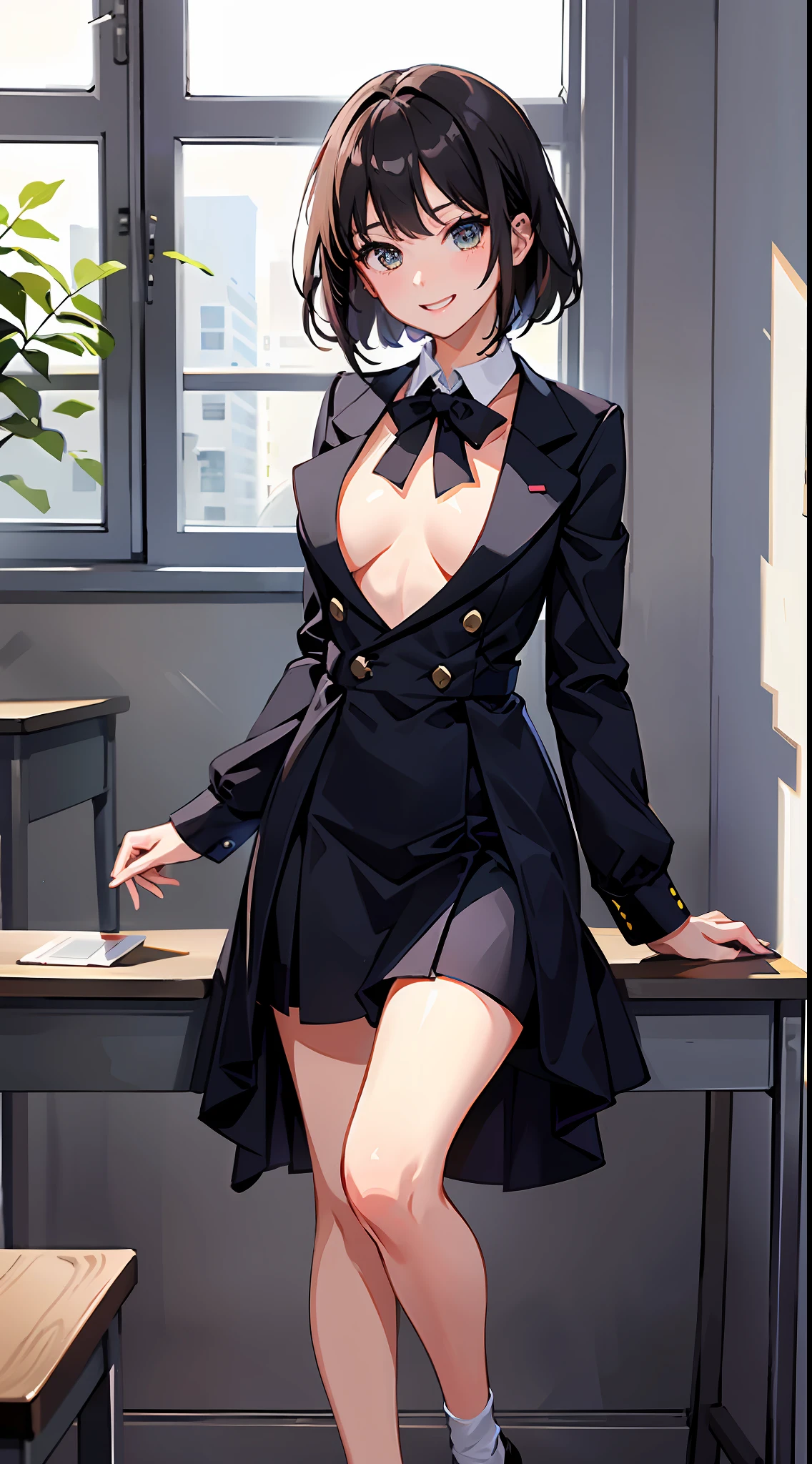 ((8K,RAW photos,top Quority,tmasterpiece),HD RAW color photo professional close-up Photograph,(realisticlying,realisticlying:1.37),(HighestQuali),(Best shadow),(Most Best Illustration),鎖骨((The large)),((,Raised sexy,超高分辨率,HD CG unified 8K wallpapers,physically-based renderingt,cinmatic lighting),(aegyo sal:1),18 years old girls,(grey blazer,Ribbons,sockes,High School Uniforms:1.2),high school classroom, beatiful detailed eyes,Light on the face,((full body shot shot:1.2)),Particularly bright light,(Upper Eye,grinning smile:1.2),shiny skins,(((brunette color hair,bob hair:1.2))),(Beautiful legs),ulzang-6500-v1.1:0.2,is shy,(flash lights:1.2),NSFW,(puffynipple),((tempting pose:1.2,big breasts enchanting:1.2)),(Idle),(Stand in front of a desk in the classroom:1.2)),((Good anatomy:1.2)),((Bright and refreshing classroom,The background is blurred out: 1.2)),s the perfect face,cute face,Bigchest