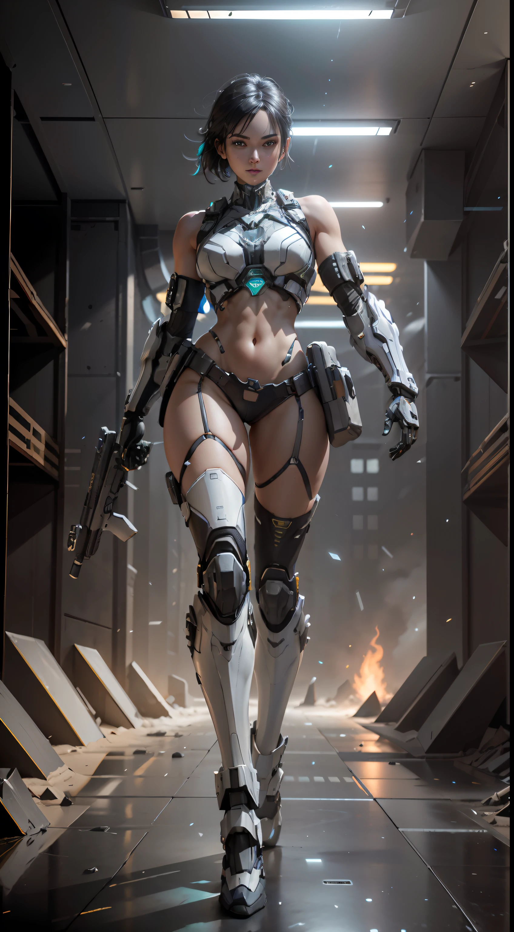 ((best qualtiy)), ((tmasterpiece)), (The is very detailed:1.3), sci-fi mech, Beautiful cyberpunk woman wearing mech,Bare with thighs,Wear mecha-style boots,Bare shoulders and upper arms,Mecha-style gloves,Bare abdomen and navel,lean legs,Carry a weapon,Wear black stockings,Broken stockings, hdr(HighDynamicRange), Ray traching, NVIDIA RTX, Hyper-Resolution, Unreal 5, sub surface scattering, PBR Texture, post-proces, Anisotropic filtering, depth of fields, Maximum clarity and sharpness, Many-Layer Textures, Albedo e mapas Speculares, Surface coloring,Accurately simulate light-material interactions,perfectly proportions,rendering by octane,twotonelighting,Low ISO,White balance,trichotomy,Wide aperture,8K raw data,High-Efficiency Sub-Pixel,sub-pixel convolution,Luminous Particle,Light scattering,Tyndall effect