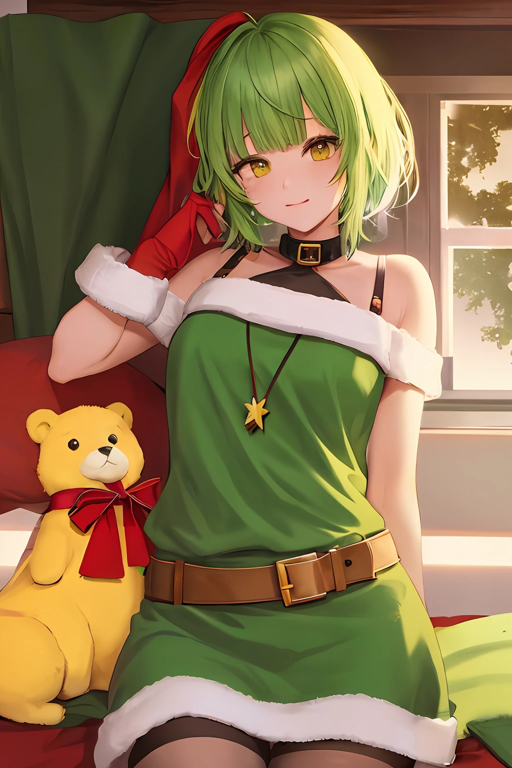 1girl, bright green hair, short hair, Santa Chloted, yellow eyes, masterpiece, best illustration, best manga, green tail