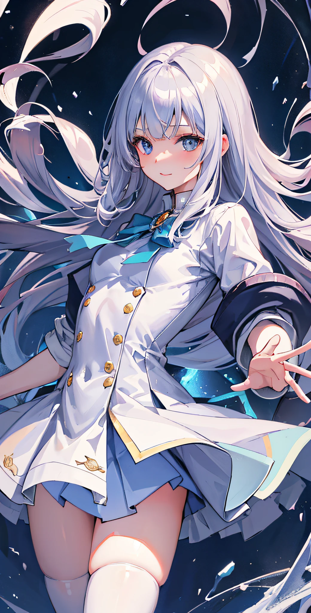 Shizuka Mogami (million live), (Best quality, 8K, Masterpiece, Ultra detailed:1.2), Detailed Gabuk circle, 1girll,Solo,鎖骨,Long gray hair，ssmile，Like a fountain of hair, Long hair, Blue eyes, Blunt bangs, side locks, hime-cut, Blunt end, Beautiful illustration, Cute petite girl, (Transform the sequence), Transform into a magical girl, tchibi, White Magic Girl, Fractal art, albino, a baby face, Cinematic lighting, Cowboy shot, view the viewer, from bottom, cheerfulness,Cyberpunk Style, Rainbow twisting waves, Flowing smoke waves,