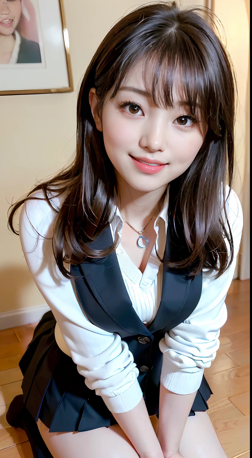 ((8K、Raw photography、top-quality、masterpiece)、(realisitic、photorealisim:1.37)、(top-quality)、(Best Shadows)、(The best illustrations)、鎖骨((爆乳))、((erotick、A sexy、超A high resolution、High Definition CG Unified 8K Denden Wallpaper、physically-based renderingt、Cinematographic lighting)、(aegyo sal:1)、a 25 year old girl、 (blazers、sockes、high-school uniform:1.2)、High School Classroom, beautiful finely detailed eyes, Light on the Face, ((FULL BODYSHOT:1.2)), especially strong light, (Kamimei、Grinning smile:1.2),glowy skin、( thick thight), ulzzang -6500-v1.1:0.2, full of shyness, (The Flash:1.2), NSFW, (puffies, ((enchanting posture:1.2, enticing:1.2)), (Idol)、face perfect、kawaii faces、(high-angle shot:1.2)、Schools、