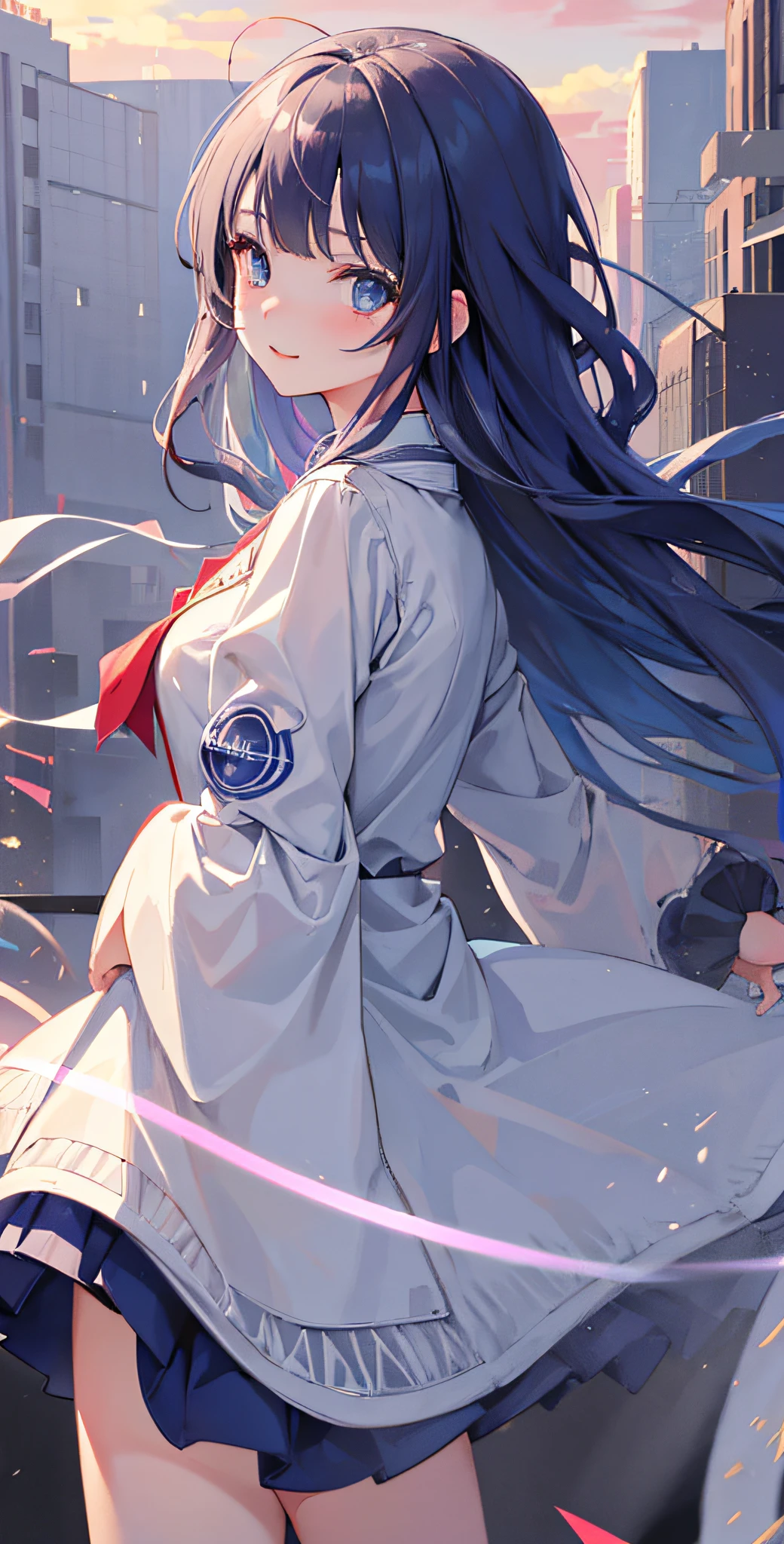 Shizuka Mogami (million live), (Best quality, 8K, Masterpiece, Ultra detailed:1.2), Detailed Gabuk circle, 1girll,Solo,鎖骨,Long gray hair，ssmile，Like a fountain of hair, Long hair, Blue eyes, Blunt bangs, side locks, hime-cut, Blunt end, Beautiful illustration, Cute petite girl, (Transform the sequence), Transform into a magical girl, tchibi, White Magic Girl, Fractal art, albino, a baby face, Cinematic lighting, Cowboy shot, view the viewer, from bottom, cheerfulness,Cyberpunk Style, Rainbow twisting waves, Flowing smoke waves,
