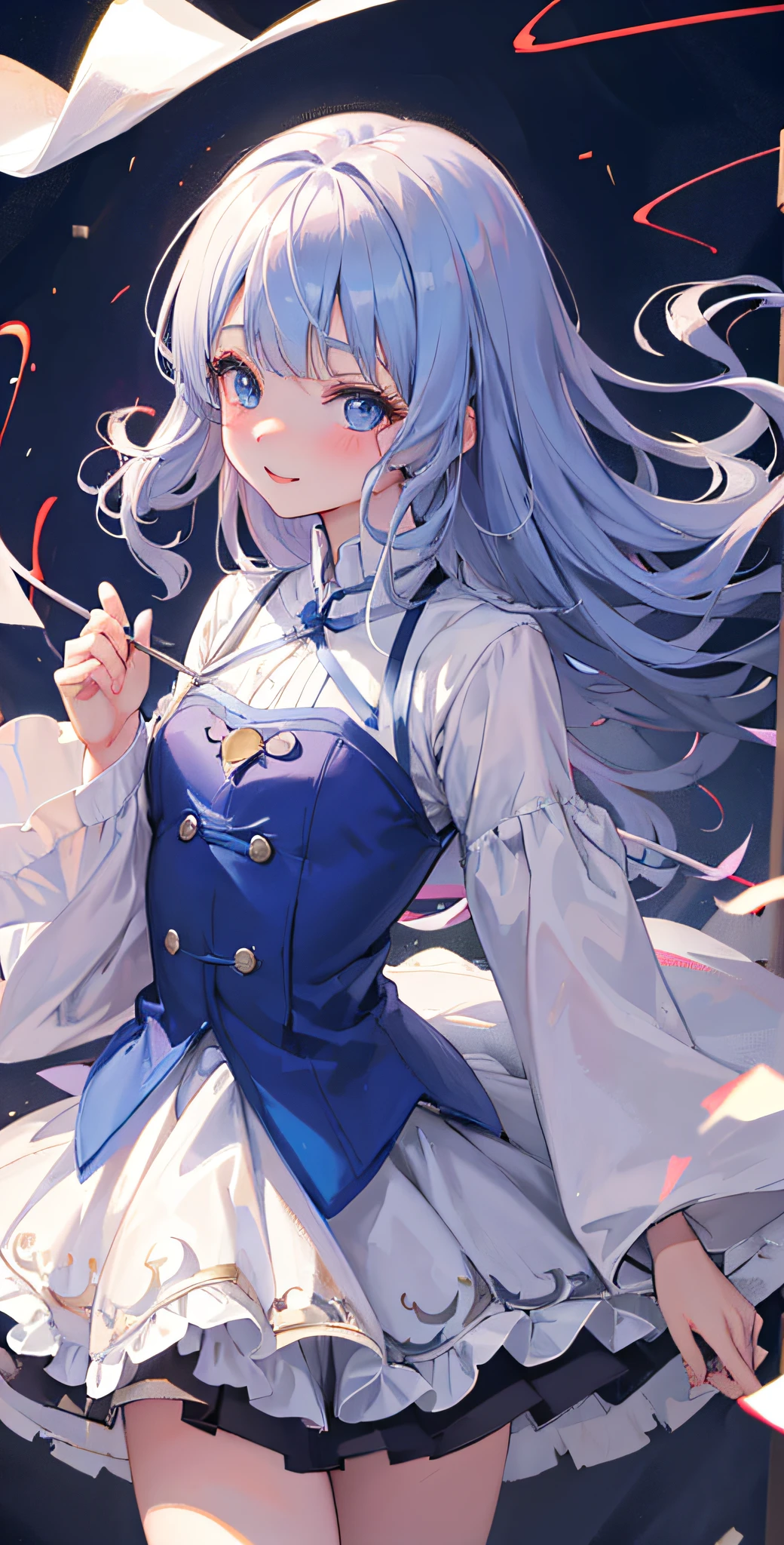 Shizuka Mogami (million live), (Best quality, 8K, Masterpiece, Ultra detailed:1.2), Detailed Gabuk circle, 1girll,Solo,鎖骨,Long gray hair,ssmile,Like a fountain of hair, Long hair, Blue eyes, Blunt bangs, side locks, hime-cut, Blunt end, Beautiful illustration, Cute petite girl, (Transform the sequence), Transform into a magical girl, tchibi, White Magic Girl, Fractal art, albino, a baby face, Cinematic lighting, Cowboy shot, view the viewer, from bottom, cheerfulness,Cyberpunk Style, Rainbow twisting waves, Flowing smoke waves,