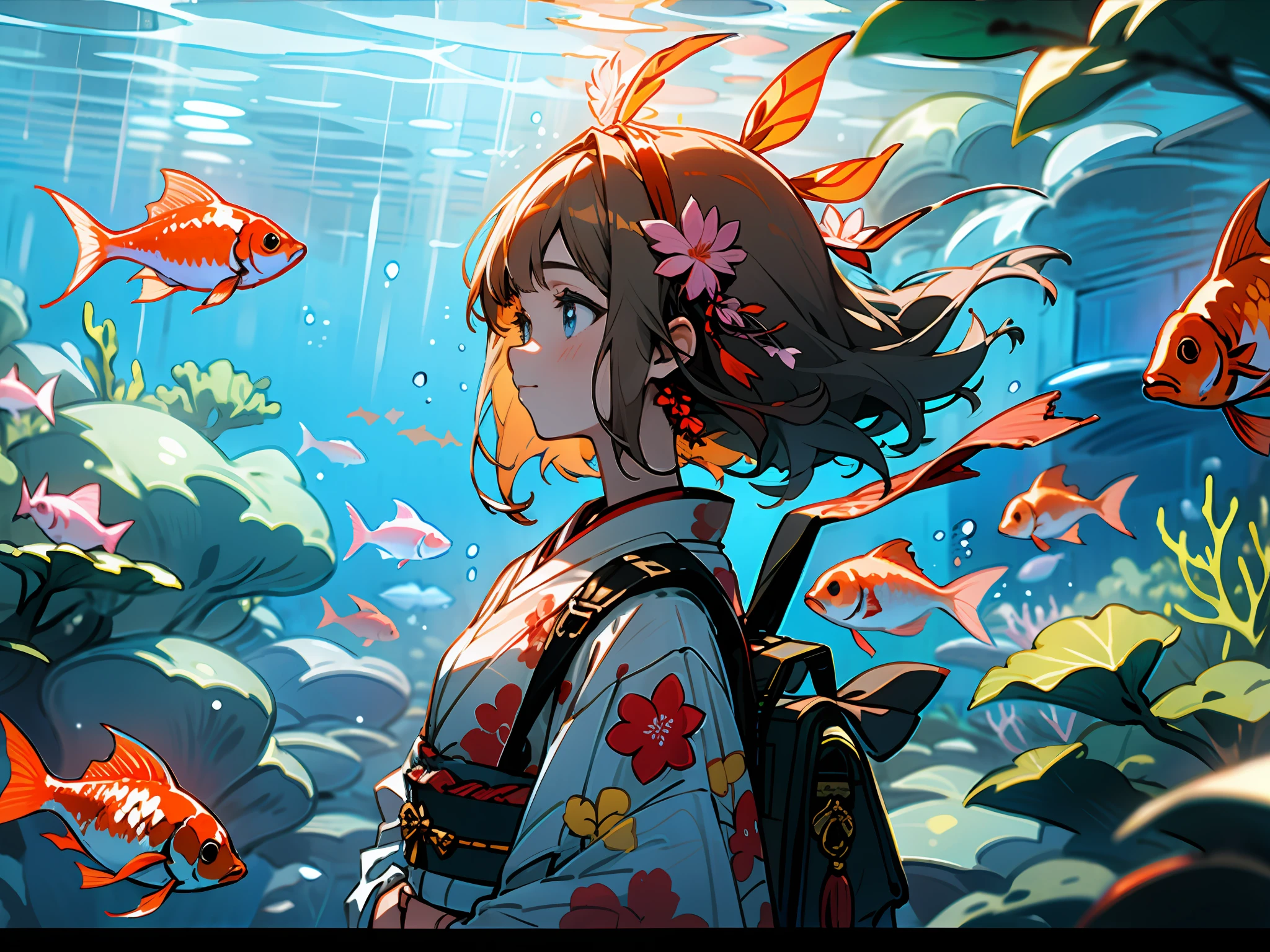 1girll, Fat girl, Red goldfish, 独奏, eBlue eyes, bag, Japanese clothes, komono, Profiles, The upper part of the body, whaite hair, From the side Side, backpacks, letterbox, Buble, red kimono, hair adornments, By bangs, Estampados florales, Blushlush,Bright underwater,Bright light
