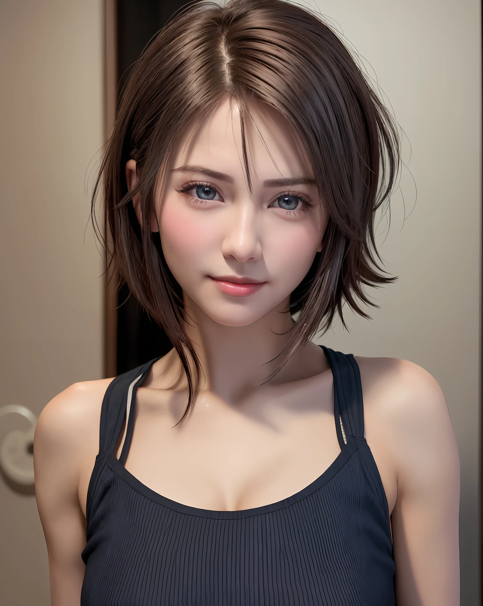 Best Quality, Ultra High Resolution, (Photorealistic: 1.4), Beautiful Eyes, Super Beautiful, Very Short Hair, Beautiful, Sweetheart, T-shirt with Rough Chest, Beautiful Soldier, Eyes That Invite Viewer, Lover's Perspective, Inviting Expression, Sexy Smile, Perfect Style, Perfect Balance, Detailed Skin, Naughty Gaze, Chest Visible
