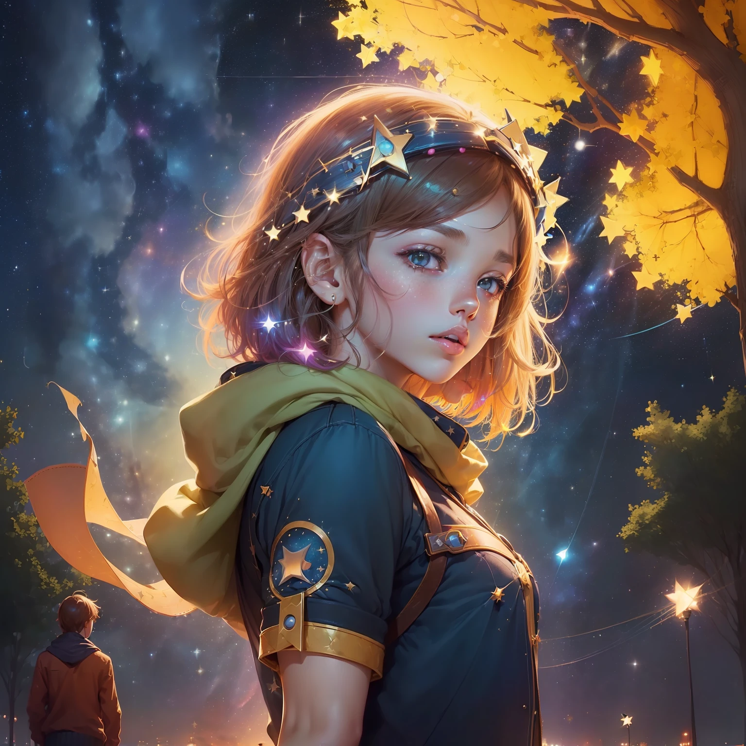 (((Beautiful youth | Starry Sky Chase:1.2 | Wonders of the universe | Colorful and gorgeous):1.3), (The ager embarks on a journey)"Beautiful and warm to explore")
