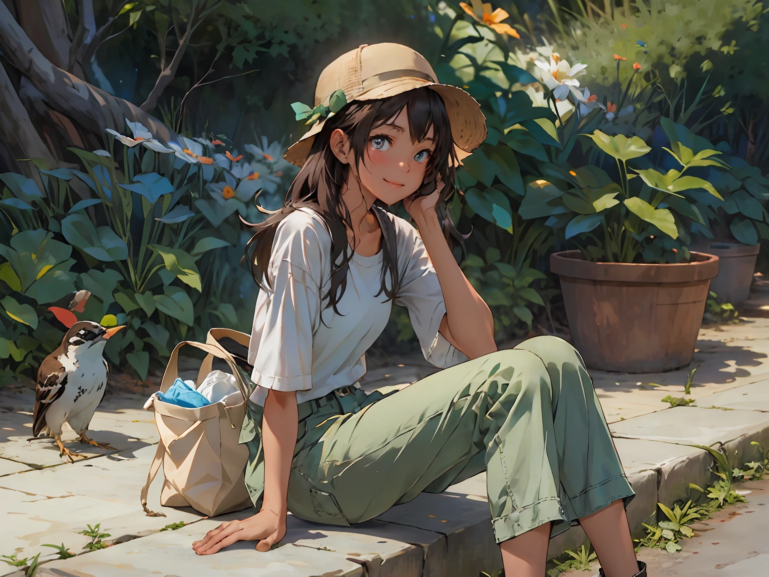 absurdres, highres, ultra detailed, (1girl:1.3), (disheveled hair,beautiful detailed eyes,shiny oily skin:1.1), BREAK , Giant sequoias, ancient forests, massive trees, peaceful groves, dappled sunlight, biodiversity,BREAK Sturdy shoes, long pants, lightweight layers, hat, sunscreen, insect repellent,
sitting on the floor
The laundry is blowing in the wind
The sun is rising and I can see some sparrows
A young girl is sitting and looking outside
can see a laundry area and a water pump
A light summer outfit and a wide smile