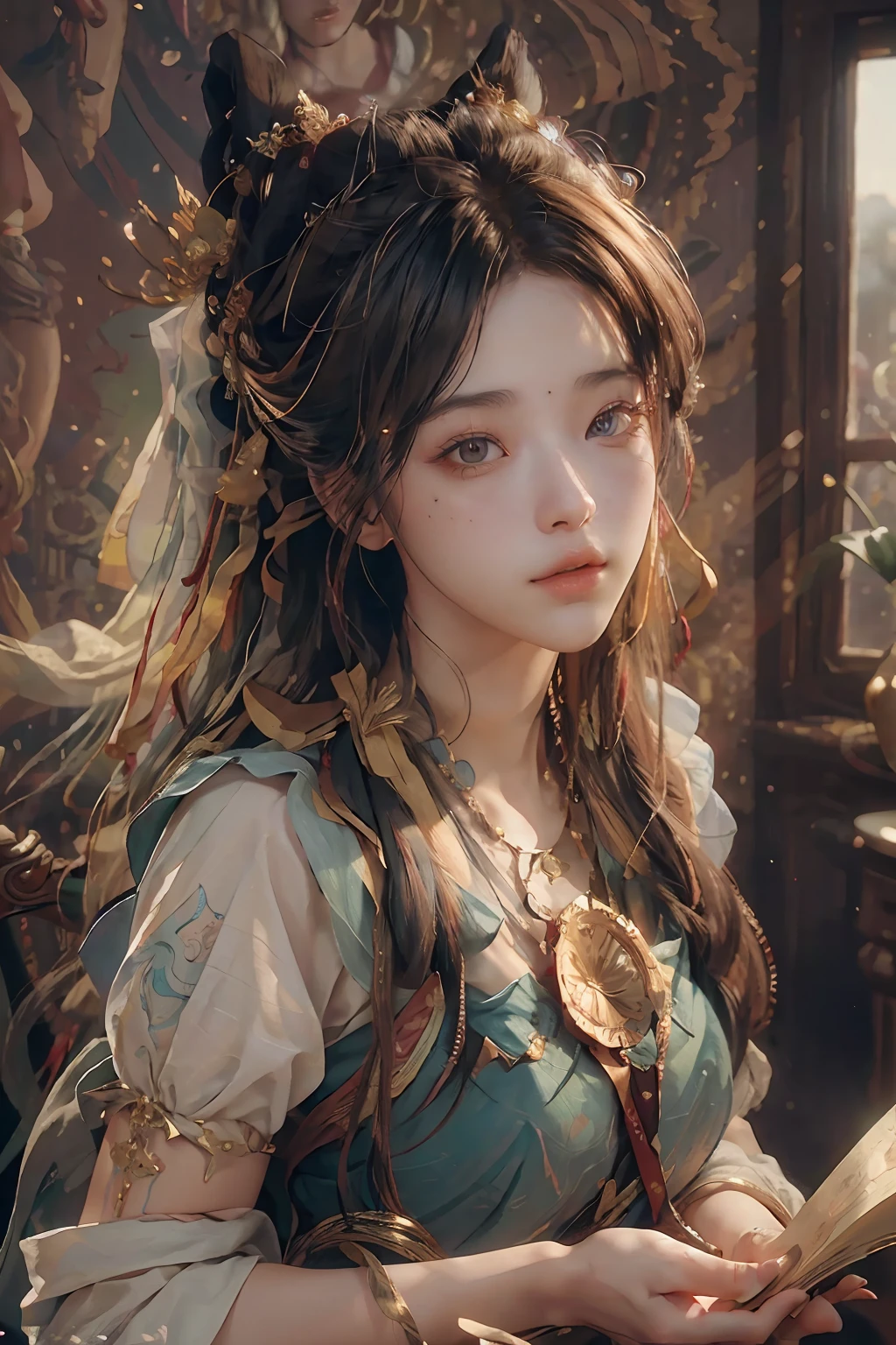 (RAW photo, best quality), (realistic, photo-realistic:1.3),best quality,highly detailed,masterpiece,ultra-detailed,illustration,1girl,upper_body,dynamic angle,world masterpiece theater,messy_long_hair,best quality,extremely detailed CG unity 8k wallpaper,ink,Amazing,cinematic lighting,lens_flare, dunhuang_style