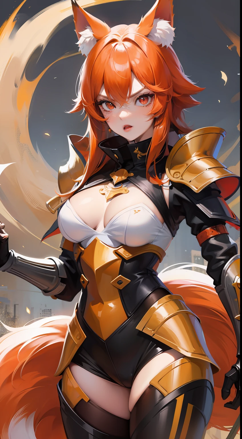 Adult woman, llong orange hair, Fox ears, red-eyes, Tight Korean armor, anger, Masterpiece, hiquality