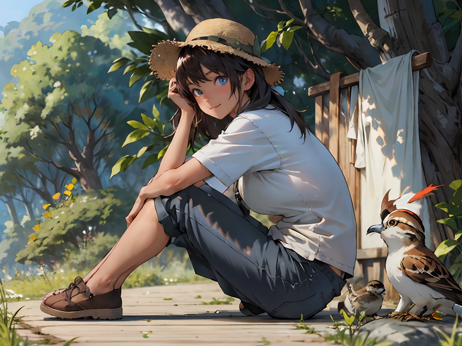 absurdres, highres, ultra detailed, (1girl:1.3), (disheveled hair,beautiful detailed eyes,shiny oily skin:1.1), BREAK , Giant sequoias, ancient forests, massive trees, peaceful groves, dappled sunlight, biodiversity,BREAK Sturdy shoes, long pants, lightweight layers, hat, sunscreen, insect repellent,
 sitting on the floor
The laundry is blowing in the wind
The sun is rising and I can see some sparrows
A young girl is sitting and looking outside
 can see a laundry area and a water pump
A light summer outfit and a wide smile