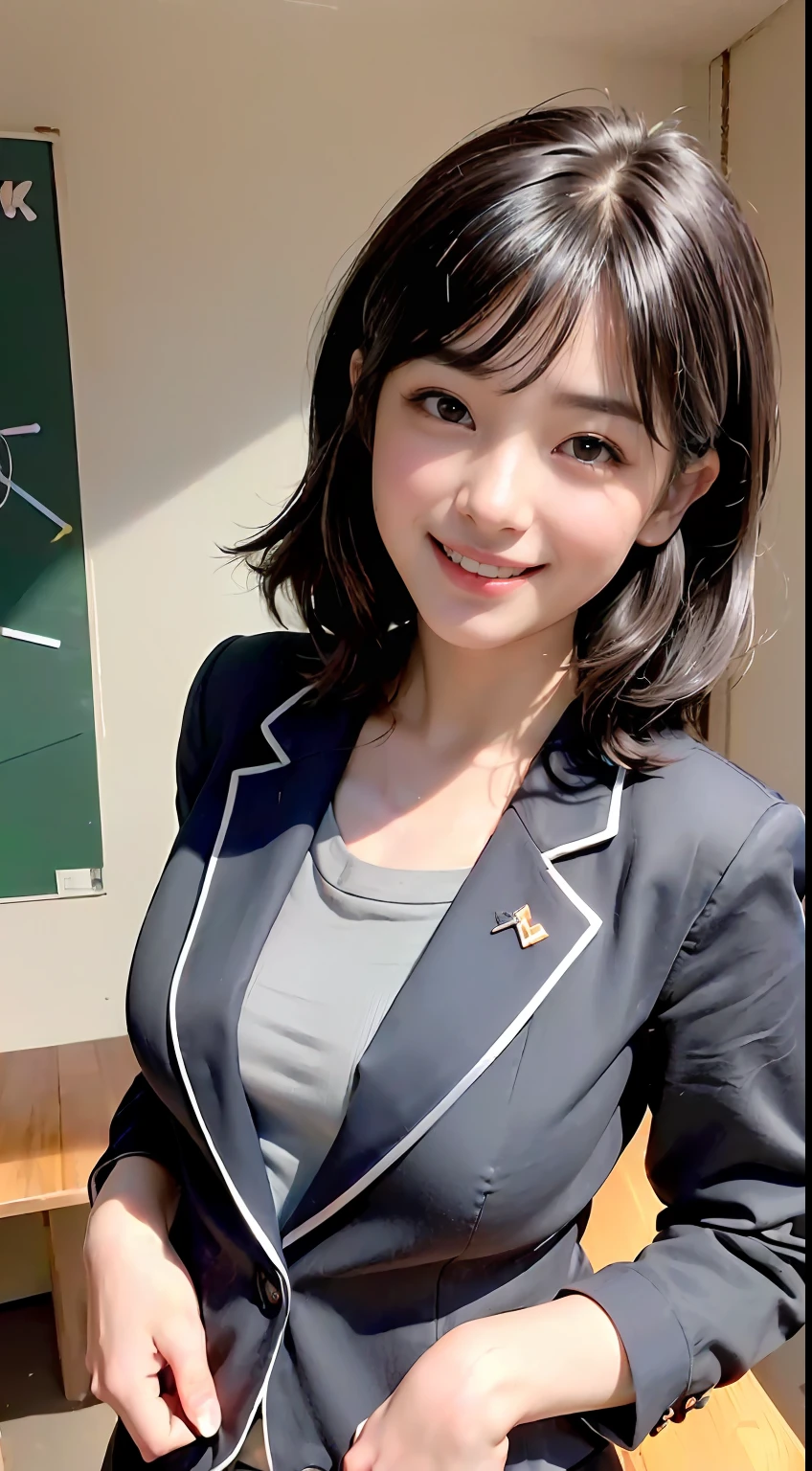 ((8K、Raw photography、top-quality、​masterpiece)、high definition RAW color photos professional close-up photos、(realisitic、photorealisim:1.37)、(top-quality)、(Best Shadows)、(The best illustrations)、鎖骨((Colossal tits))、((erotick、A sexy、超A high resolution、High Definition CG Unified 8K Denden Wallpaper、physically-based renderingt、Cinematographic lighting)、(aegyo sal:1)、a 18 year old girl、 (Gray blazer、sockes、high-school uniform:1.2)、High School Classroom, beautiful finely detailed eyes, Light on the Face, ((FULL BODYSHOT:1.2)), especially strong light, (Kamimei、Grinning smile:1.2),glowy skin、((A dark-haired、bobhair:1.2))、( thick thight), ulzzang -6500-v1.1:0.2, full of shyness, (The Flash:1.2), NSFW, (puffies, ((enchanting posture:1.2, enticing:1.2)), (Idol)、face perfect、kawaii faces、(high-angle shot:1.2)、Schools、