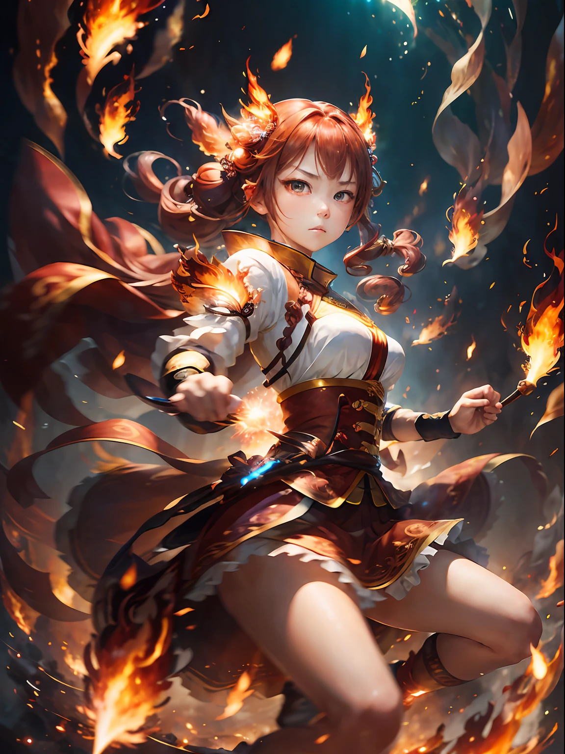 masterpiece、top-quality、
1girl in, 独奏, (motion line:1.1), bloom, cinematlic lighting, full body Esbian, Red-haired, yellow eyes, intricate skirt, (Fighting:1.2), angry, (loimu:1.3), (Flying Spark), dynamic ungle。Flame Magic。Yang's beauty。