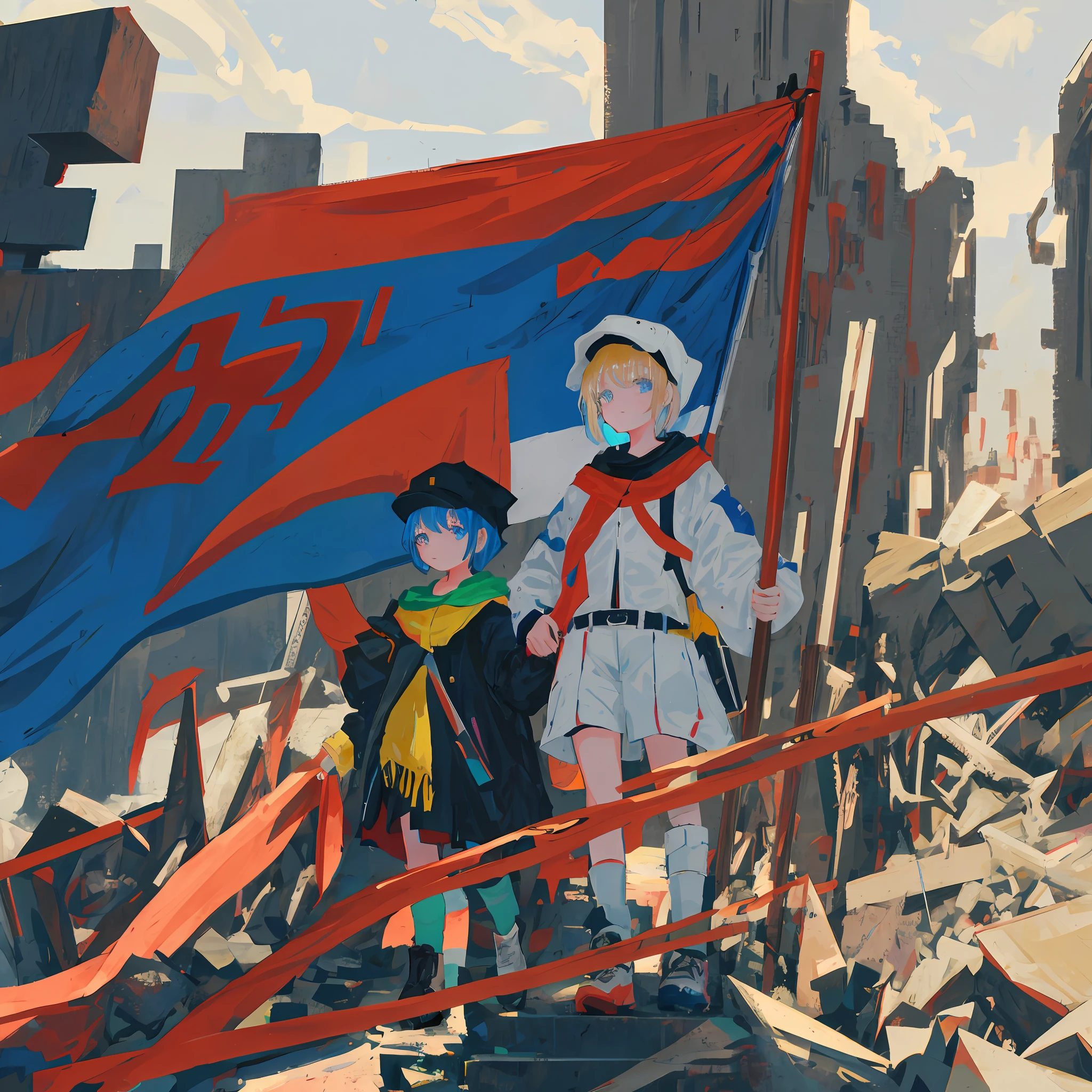 On the ruins of the apocalypse,A little girl with short hair of fifteen or sixteen years old,Holding a flag in his left hand,It says 2022,Holding a flag in his right hand,There is a 201212 on the left hand。