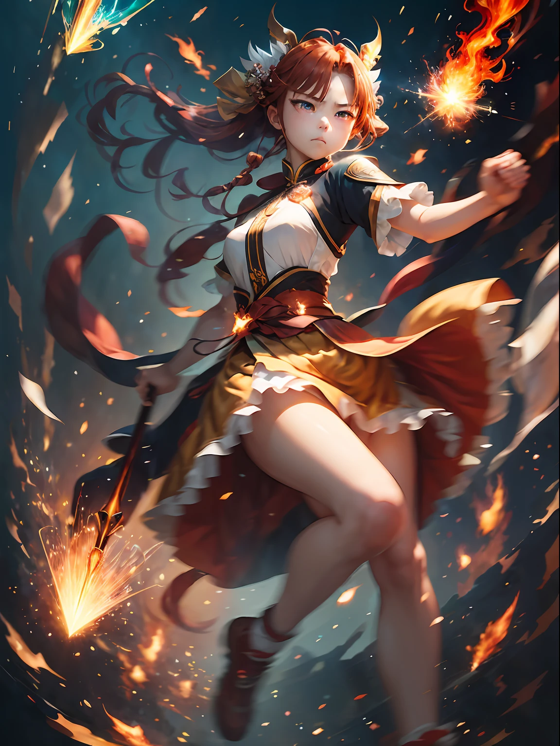 masterpiece、top-quality、
1girl in, 独奏, (motion line:1.1), bloom, cinematlic lighting, full body Esbian, Red-haired, yellow eyes, intricate skirt, (Fighting:1.2), angry, (loimu:1.3), (Flying Spark), dynamic ungle。Flame Magic。Yang's beauty。