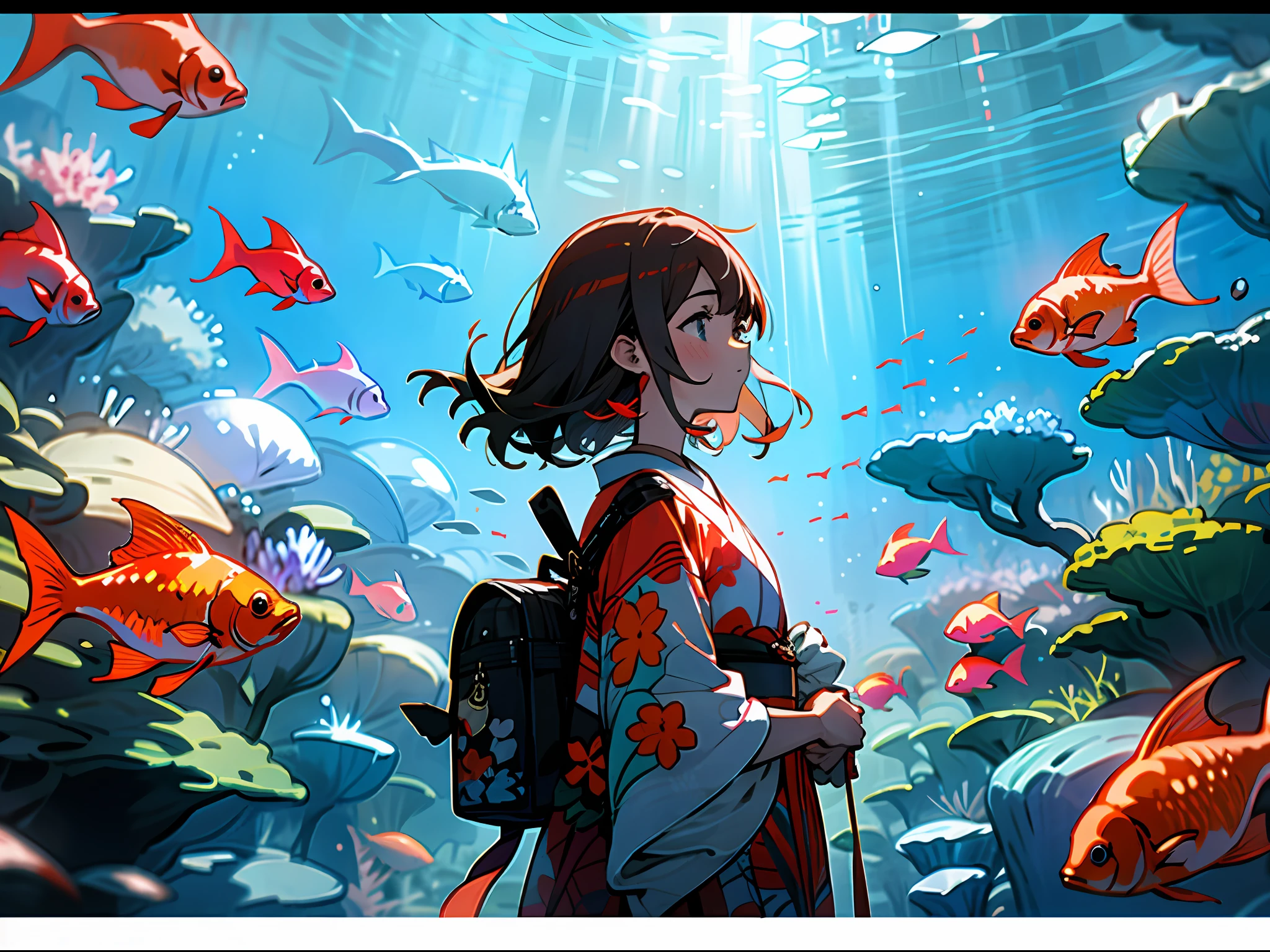 1girll， Fat girl， Red goldfish， 独奏， eBlue eyes， bag， Japanese clothes， komono， Profiles， The upper part of the body， whaite hair， From the side Side， backpacks， letterbox， Buble， red kimono， hair adornments， By bangs， Estampados florales， Blushlush，Bright underwater，Bright light