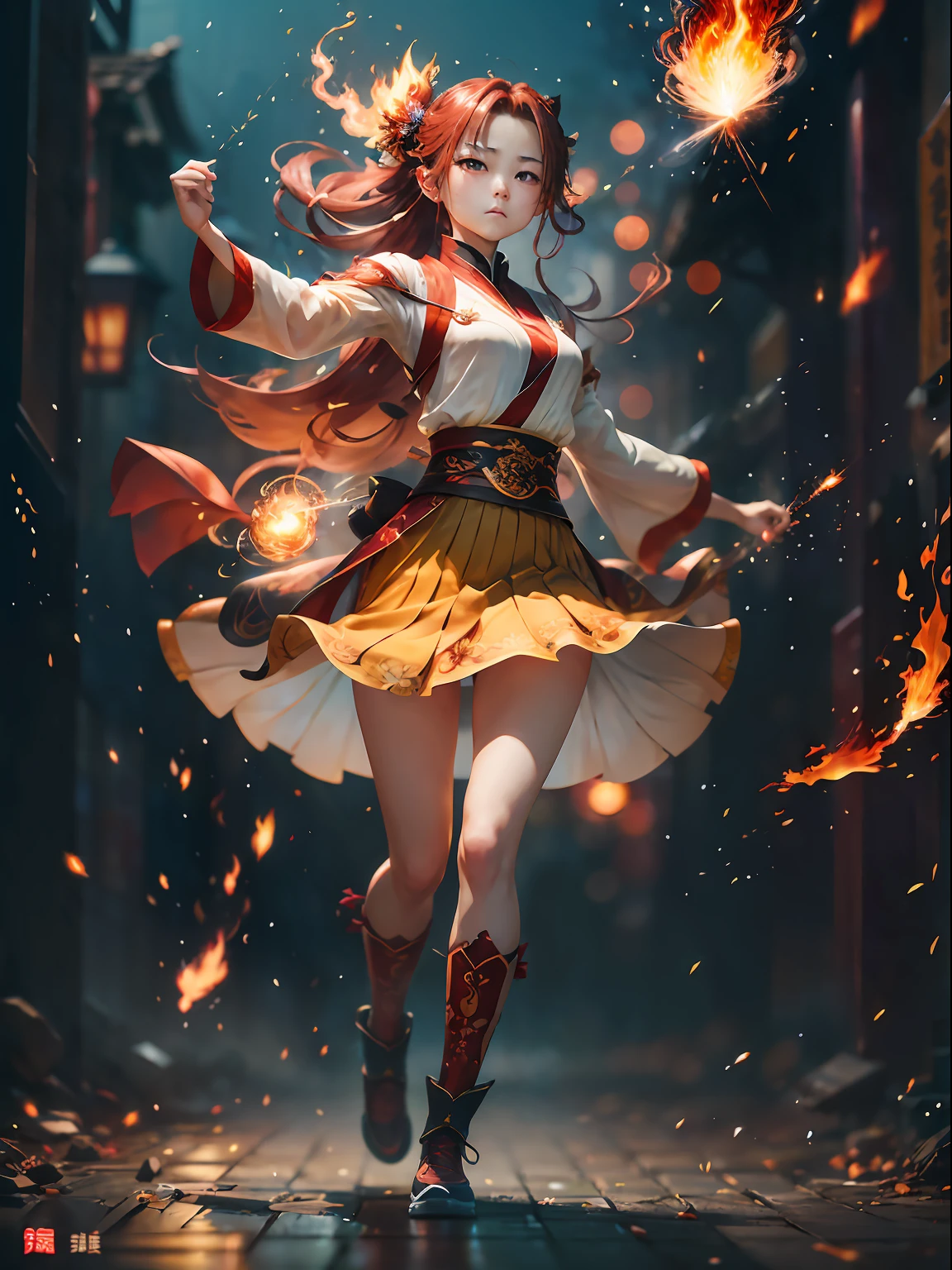 masterpiece、top-quality、
1girl in, 独奏, (motion line:1.1), bloom, cinematlic lighting, full body Esbian, Red-haired, yellow eyes, intricate skirt, (Fighting:1.2), angry, (loimu:1.3), (Flying Spark), dynamic ungle。Flame Magic。Yang's beauty。