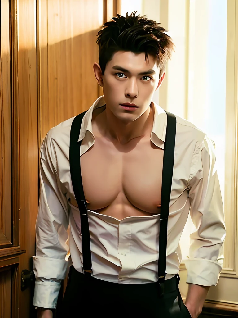 best qualtiy,realisticlying, tmasterpiece, Kodak Portra 400, Face focus,Libido boy ,white skinned,Suspenders,There is no inner layer,Show muscles,Midjourney and greg rutkowski's Fujifilm XT3 realistic painting art,chest muscle,The face is clear,Harmony of the five senses,looking toward the viewer