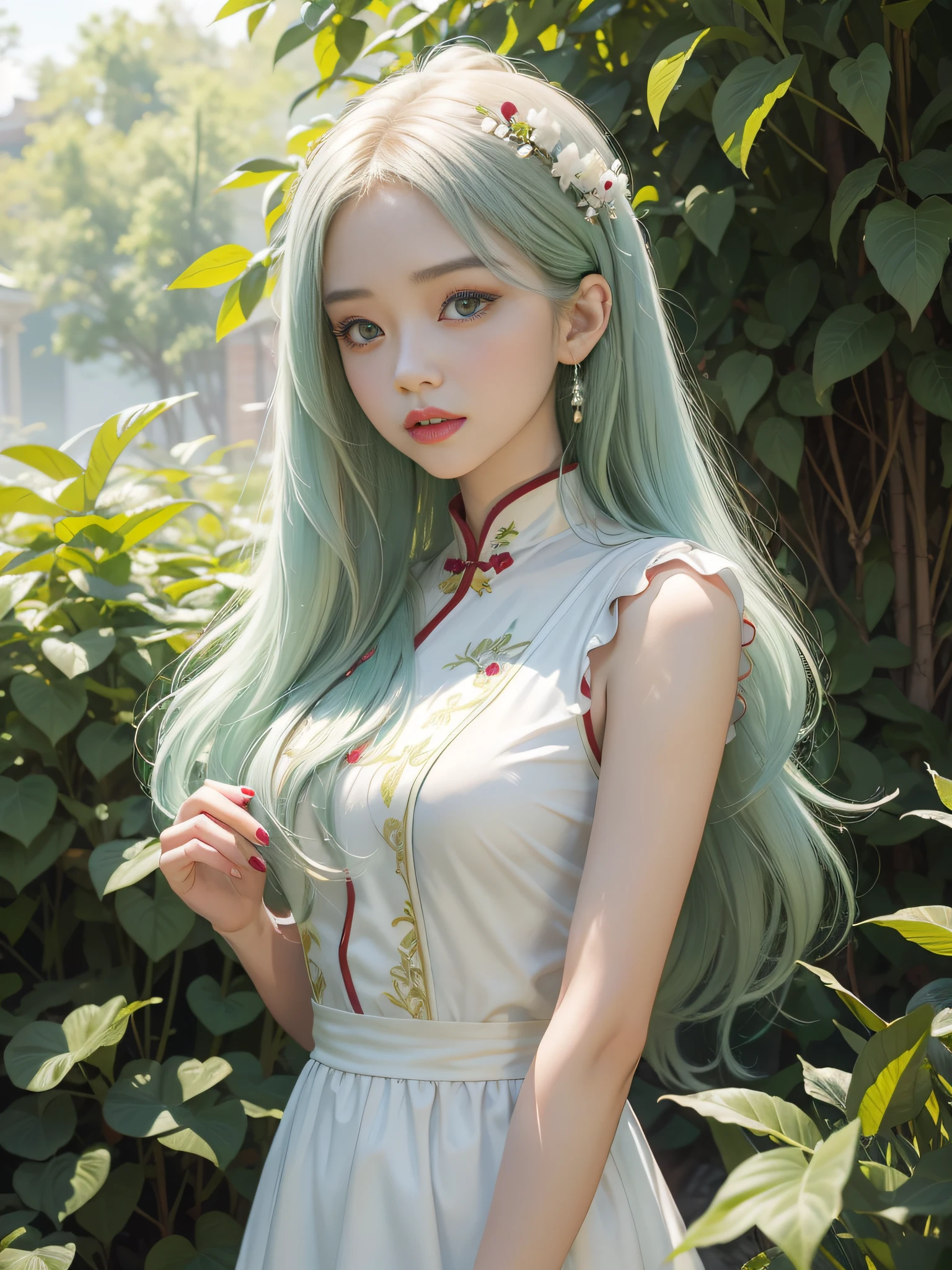 Long Light Hair,close to face,Chinese big eyes girl with lipstick on her lips, Realistic scene style, Light green and light maroon, I can't believe how beautiful this is, pixar-style, pixar-style, pixar-style, pixar-style,Light white and light green, cartoon character