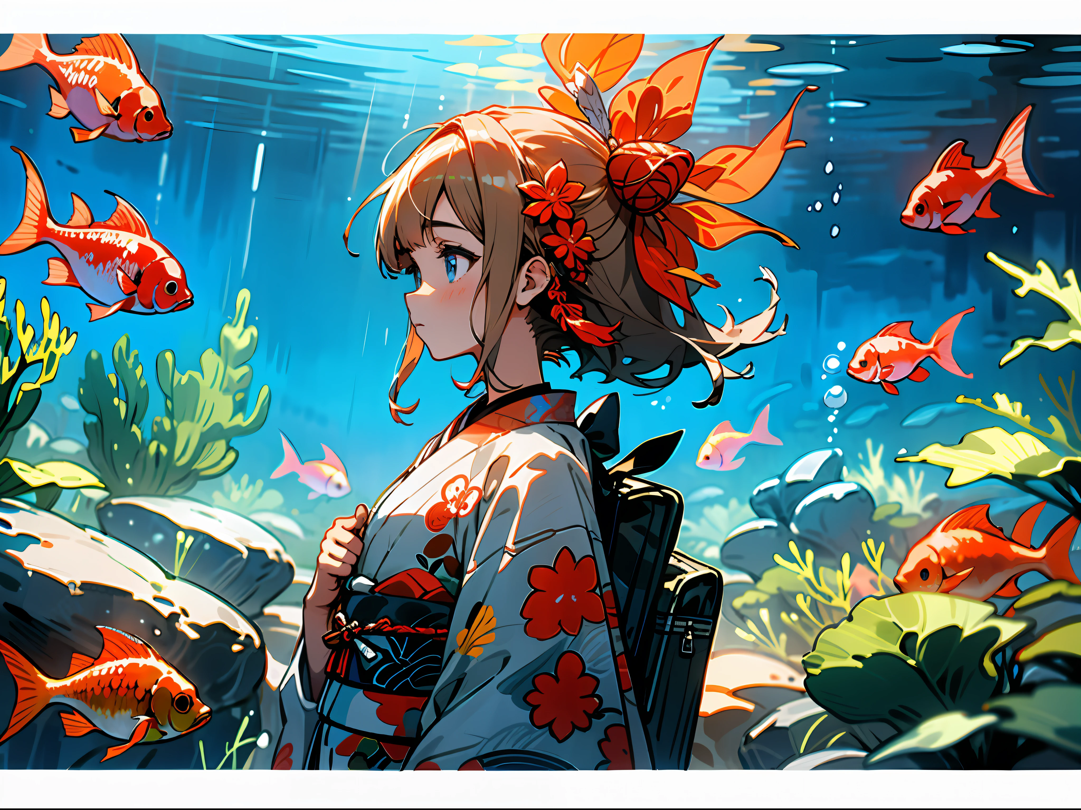 1girll, Fat girl, Red goldfish, 独奏, eBlue eyes, bag, Japanese clothes, komono, Profiles, The upper part of the body, whaite hair, From the side Side, backpacks, letterbox, Buble, red kimono, hair adornments, By bangs, Estampados florales, Blushlush,Bright underwater,Bright light