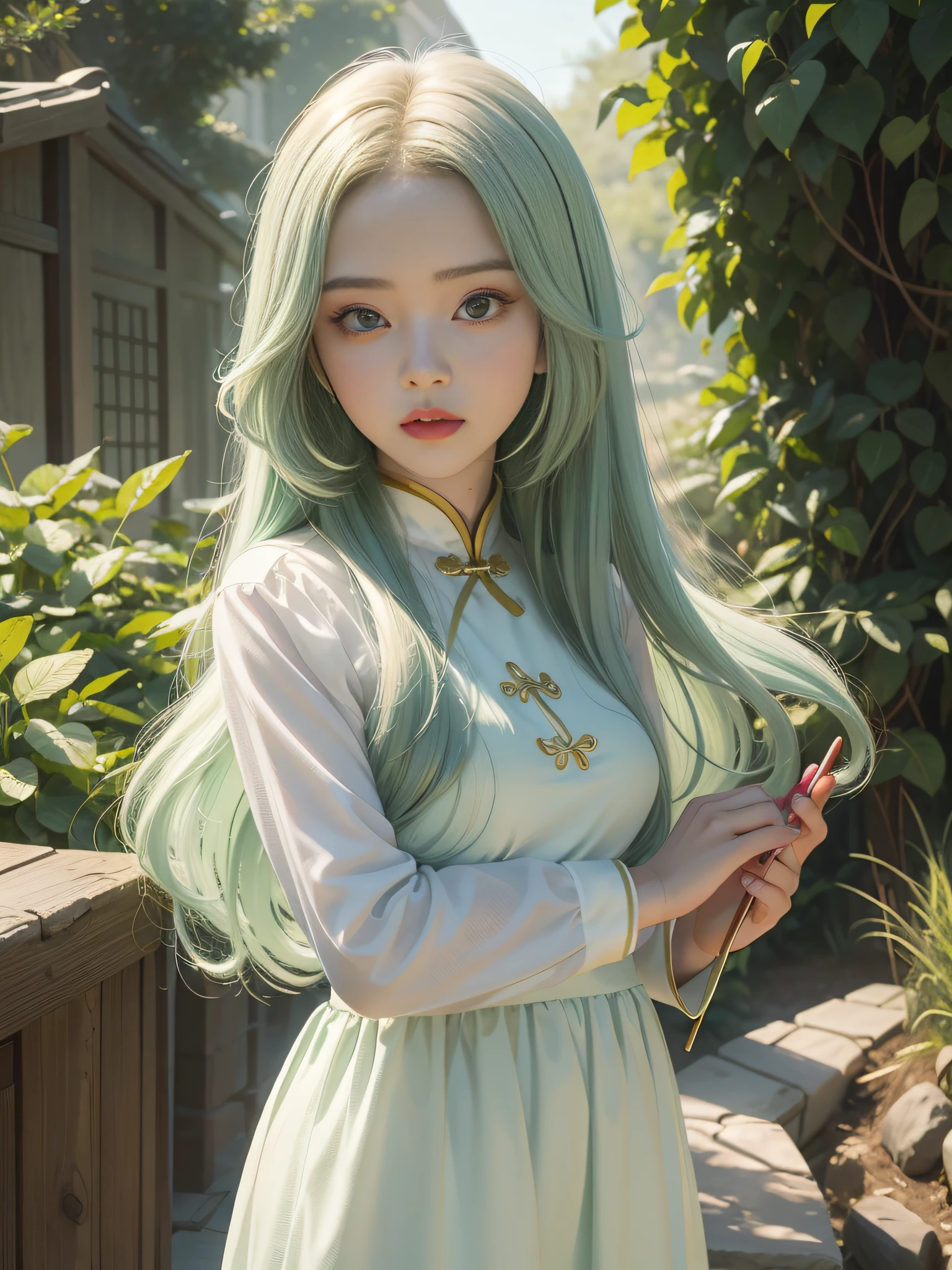 Long Light Hair,close to face,Chinese big eyes girl with lipstick on her lips, Realistic scene style, Light green and light maroon, I can't believe how beautiful this is, pixar-style, pixar-style, pixar-style, pixar-style,Light white and light green, cartoon character