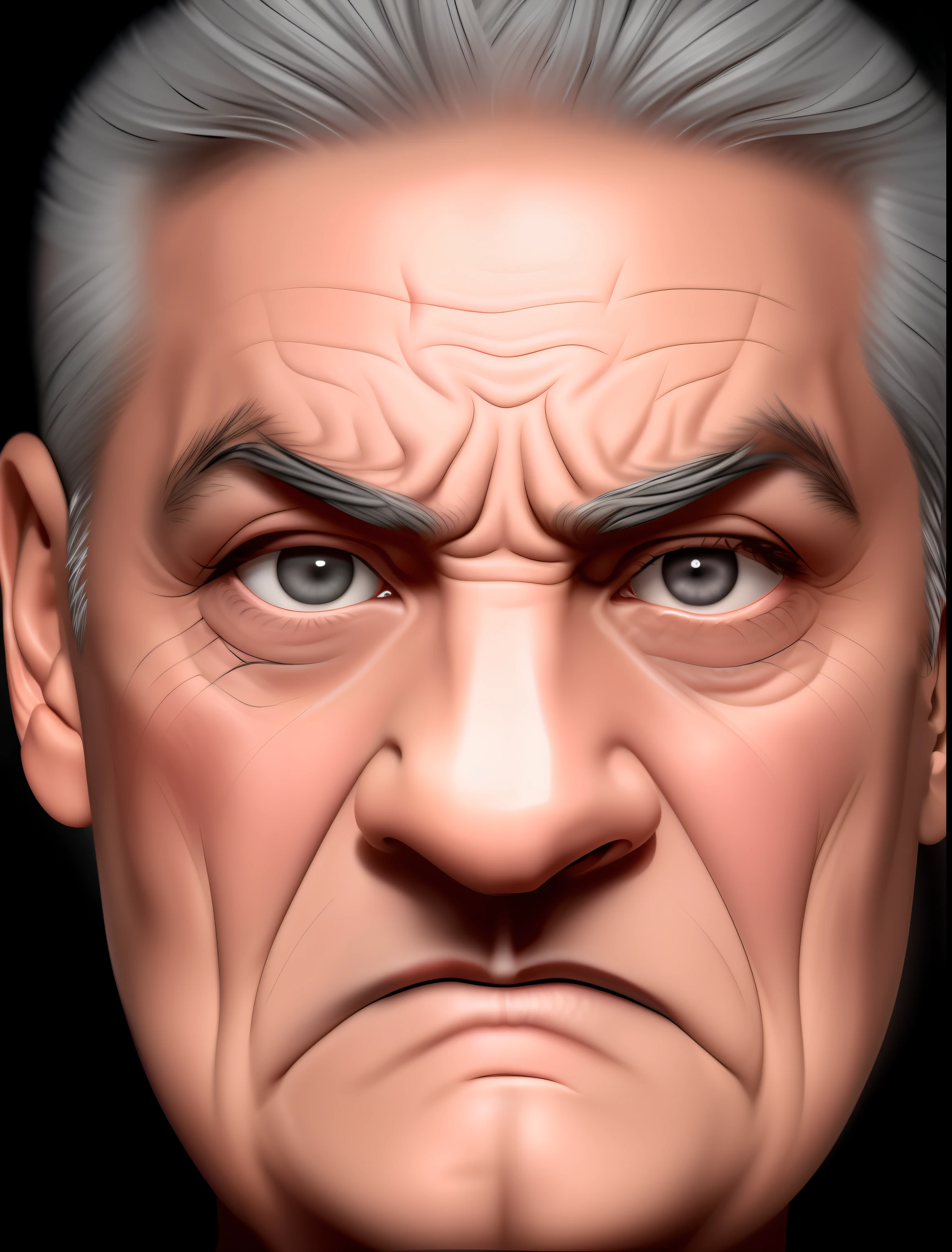 imagem arrogante de um homem com uma cara muito grande no rosto, [ cabelos brancos ], [ sobrancelhas brancas ], Perfect eyelashes, face severa, stern expression, angry expression, mal-humorado [ velho ], angry facial expression, angry looking at camera, cara de raiva, homem zangado, very angry expression, arte digital muito realista, olhar irritado, cara de zangada, parecendo irritado, Scowling, olhar severo, pintura digital ultra realista