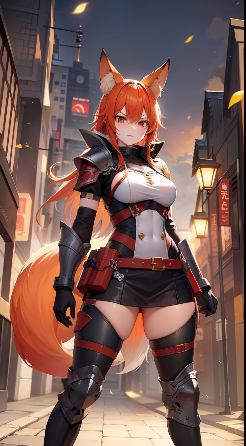 Adult woman, llong orange hair, Fox ears, red-eyes, Tight Korean armor, anger, Masterpiece, hiquality