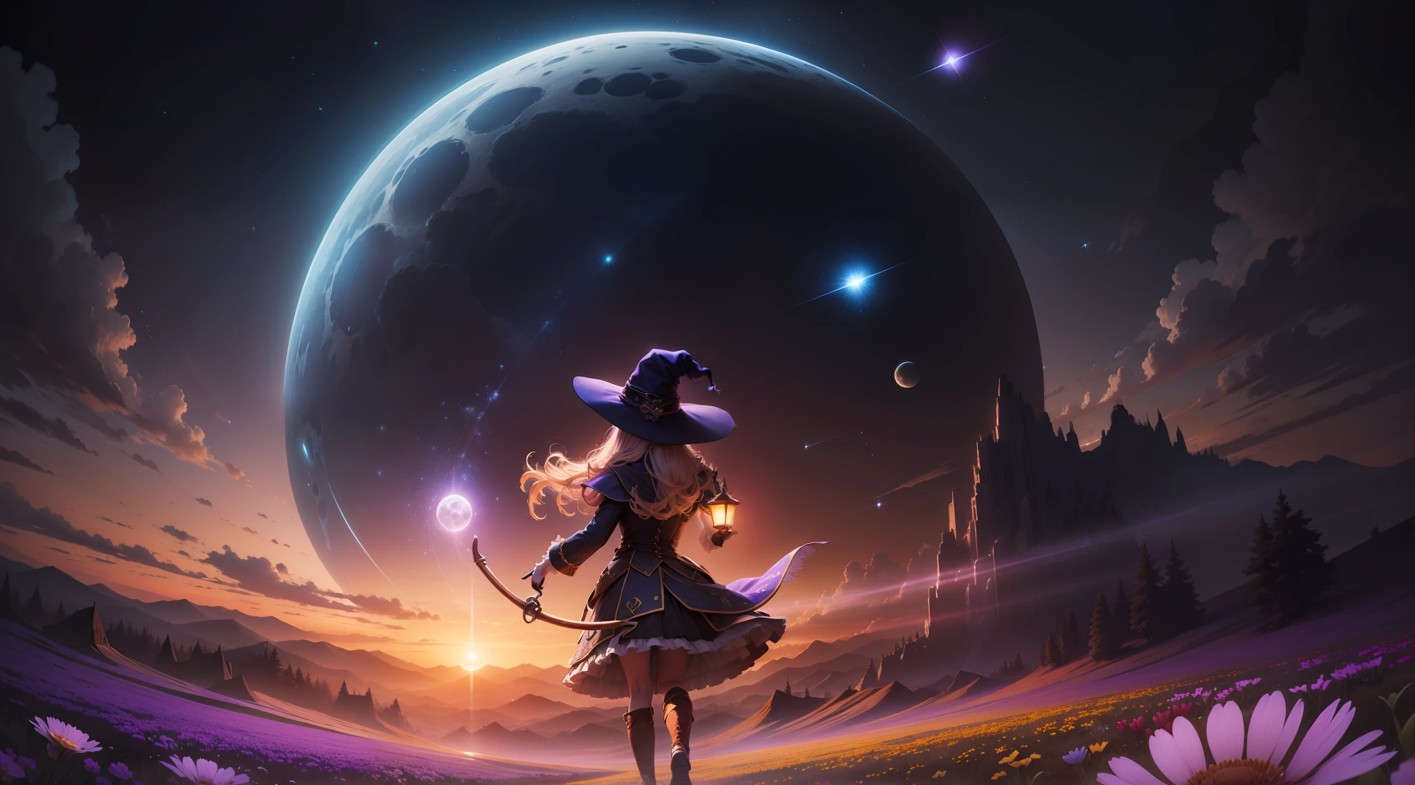 Expansive landscape photograph,(look from down,Above is the sky,Below are open fields),A witch stood on a field of flowers and looked up,(moon full:1.2),(meteors:0.9),(Starcloud:1.3),Far Mountain, Tree BREAK making art,(Warm light source:1.2),(glowworm:1.2),lamp lights,Lots of purple and orange,Complicated details,Volumetric lighting BREAK(tmasterpiece:1.2),(best qualtiy),4K,ultra - detailed,(dynamic compositions:1.4),detail-rich,plethora of colors,(Irridescent color:1.2),(with light glowing,Atmospheric lighting),dream magical,magical,(独奏:1.2)