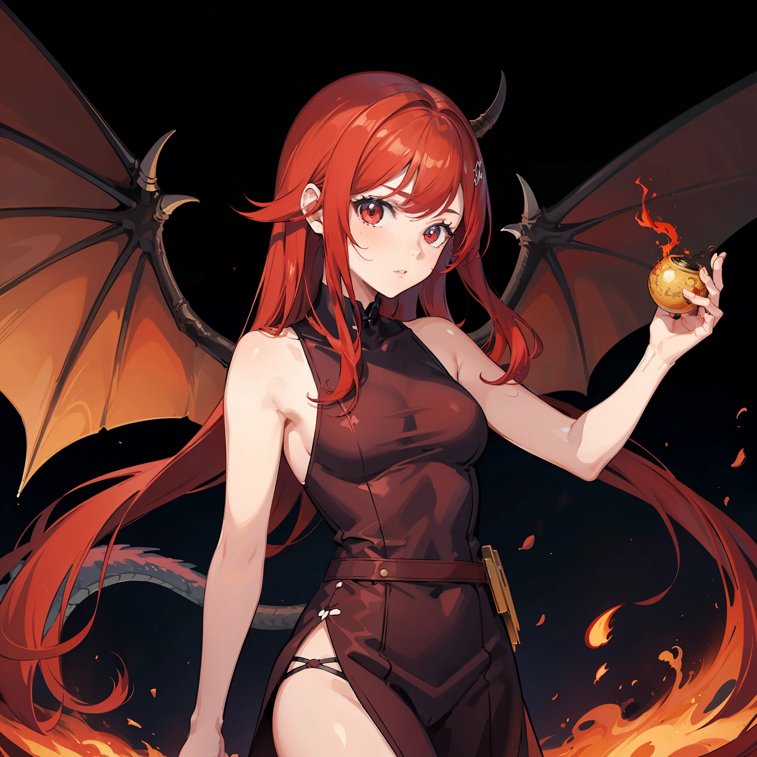 red hair ,Adolescente, red hair, olhos alaranjados, peito pequeno,Demon , Asas , magic background,Chifres ,Cartoon, desenho, Magic, dragon's tail , vermelho , fios de cabelo ruivo