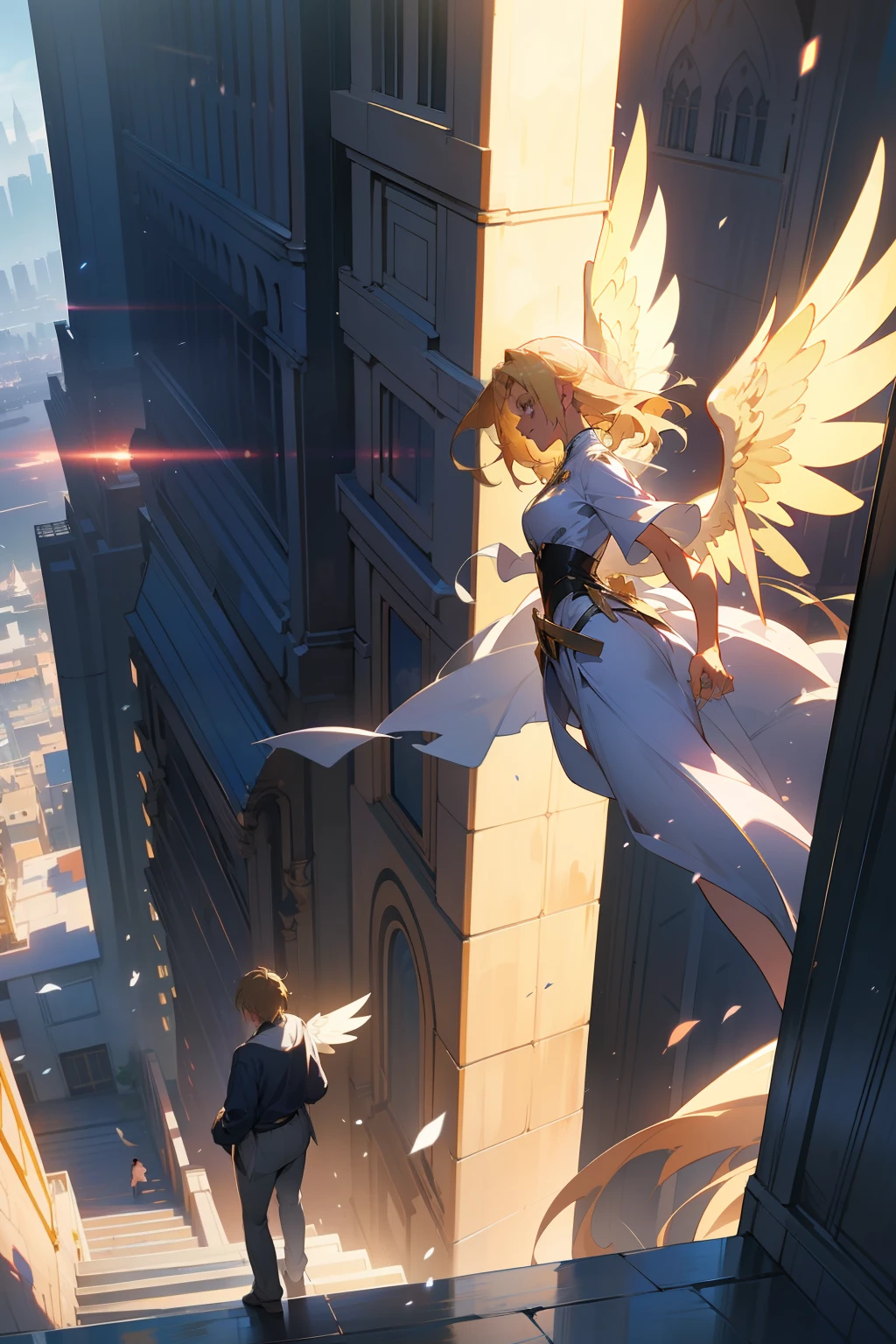 A very detailed matte painting，Depicts a man looking at a huge blonde woman on the streets of a city，Wings，angelicales，author: Makoto Shinkai，4K 分辨率，ArtStation Trends，tmasterpiece